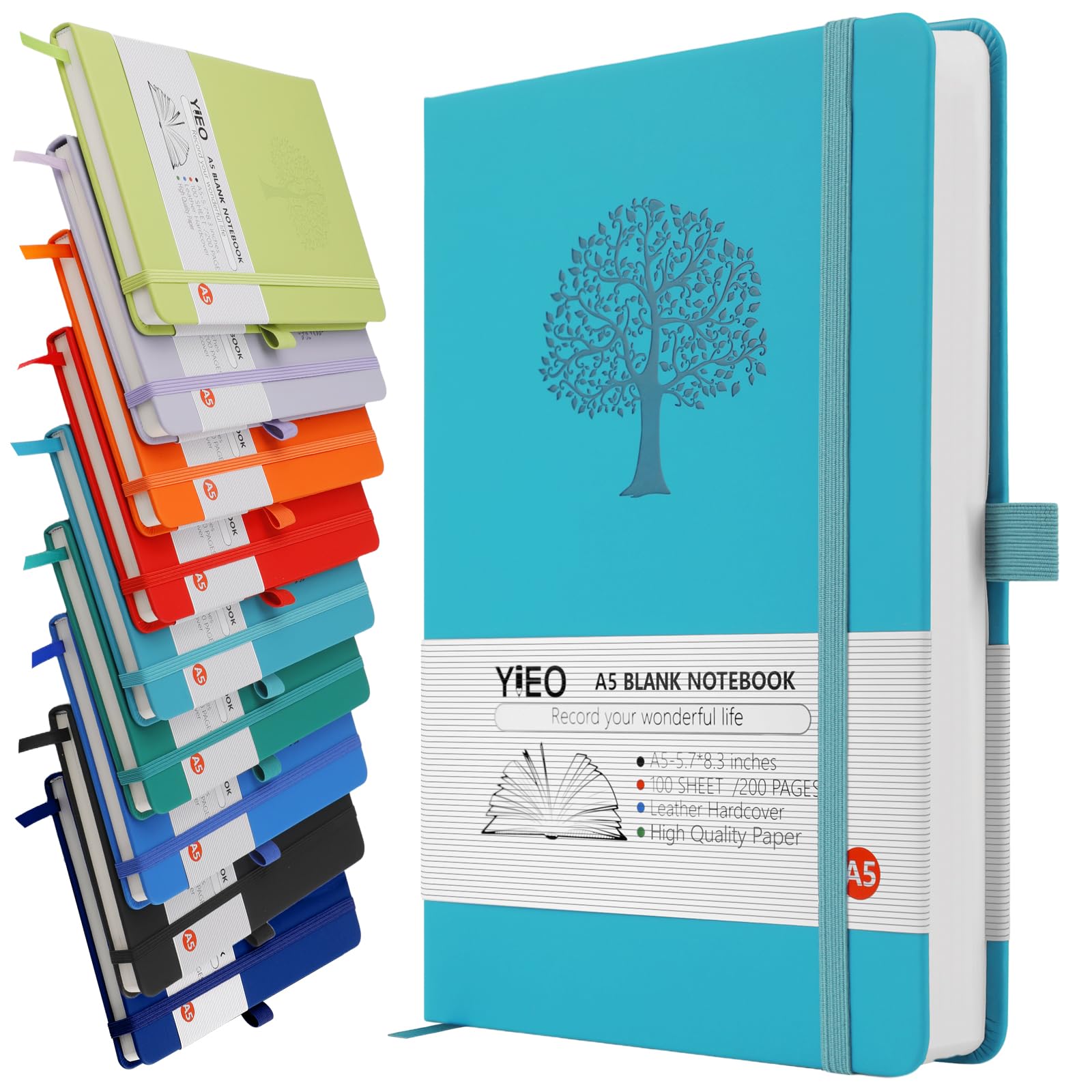 YIEO A5 Notebook Blank Journal, 200 Pages Hardcover Leather Sketch Book with 80GSM Plain Paper, Unlined Notepad, Sketchbook for Women Men Work School Drawing, 14.5 x 21cm-Lakeblue