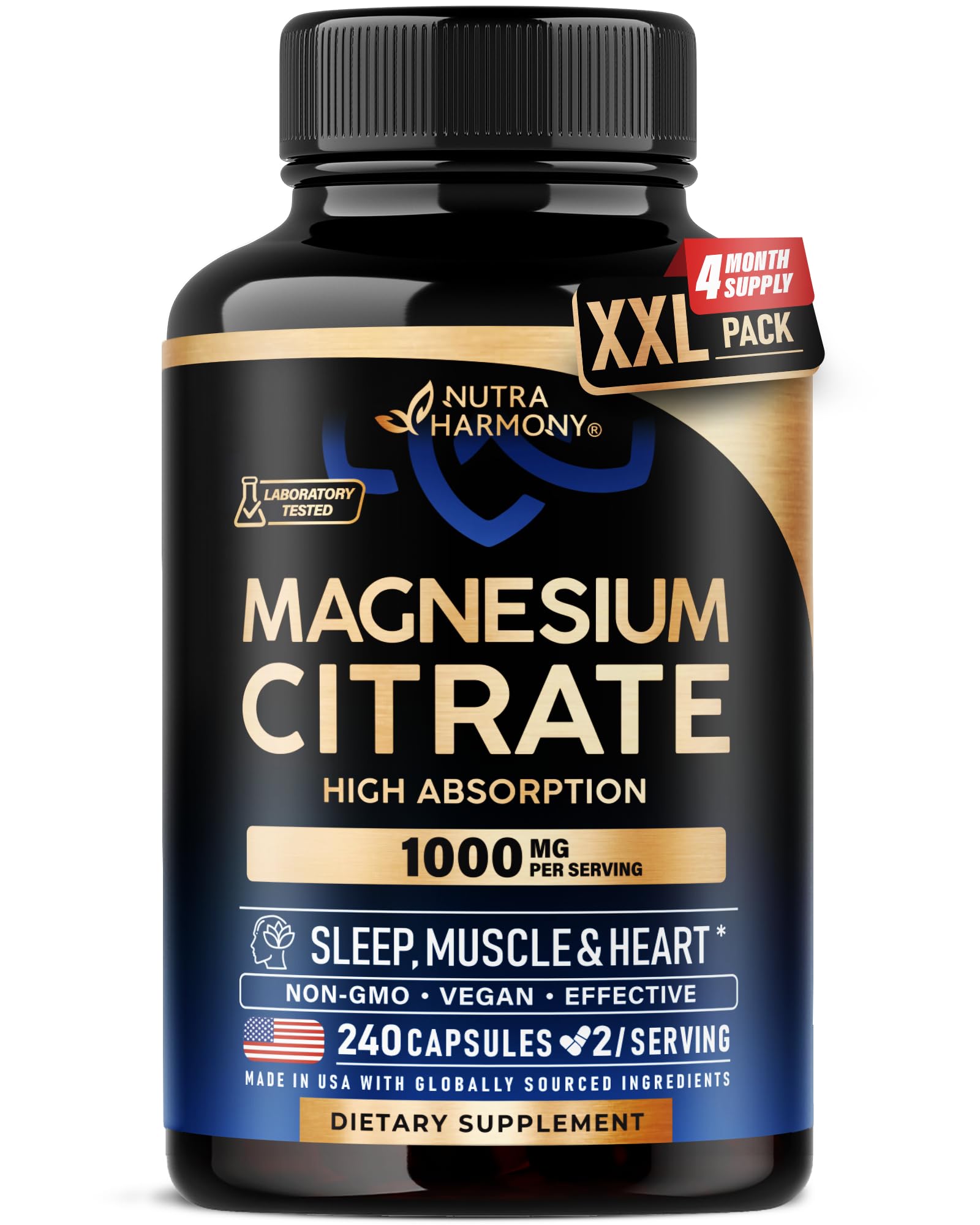 Magnesium Citrate Capsules 1000mg | High Absorption Supplement - Sleep, Muscle & Heart Support - Vegan | Non-GMO - for Women & Men - As Powder | Pills | Tablets - 240 Capsules, 4 Month Supply