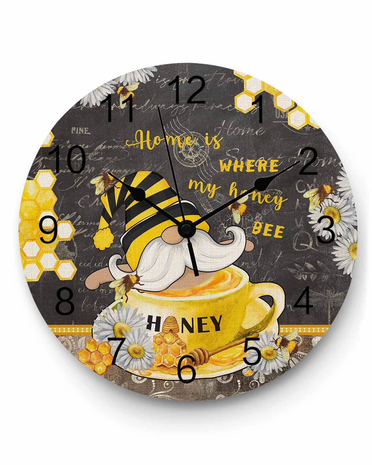 Ensound Wall Clock Honey Bee Gnome Clocks Wooden Silent Non-Ticking Battery Operated Decorative Daisy Flower Black Round Clock for Home Living Room Kitchen Bedroom Office School 12 Inch