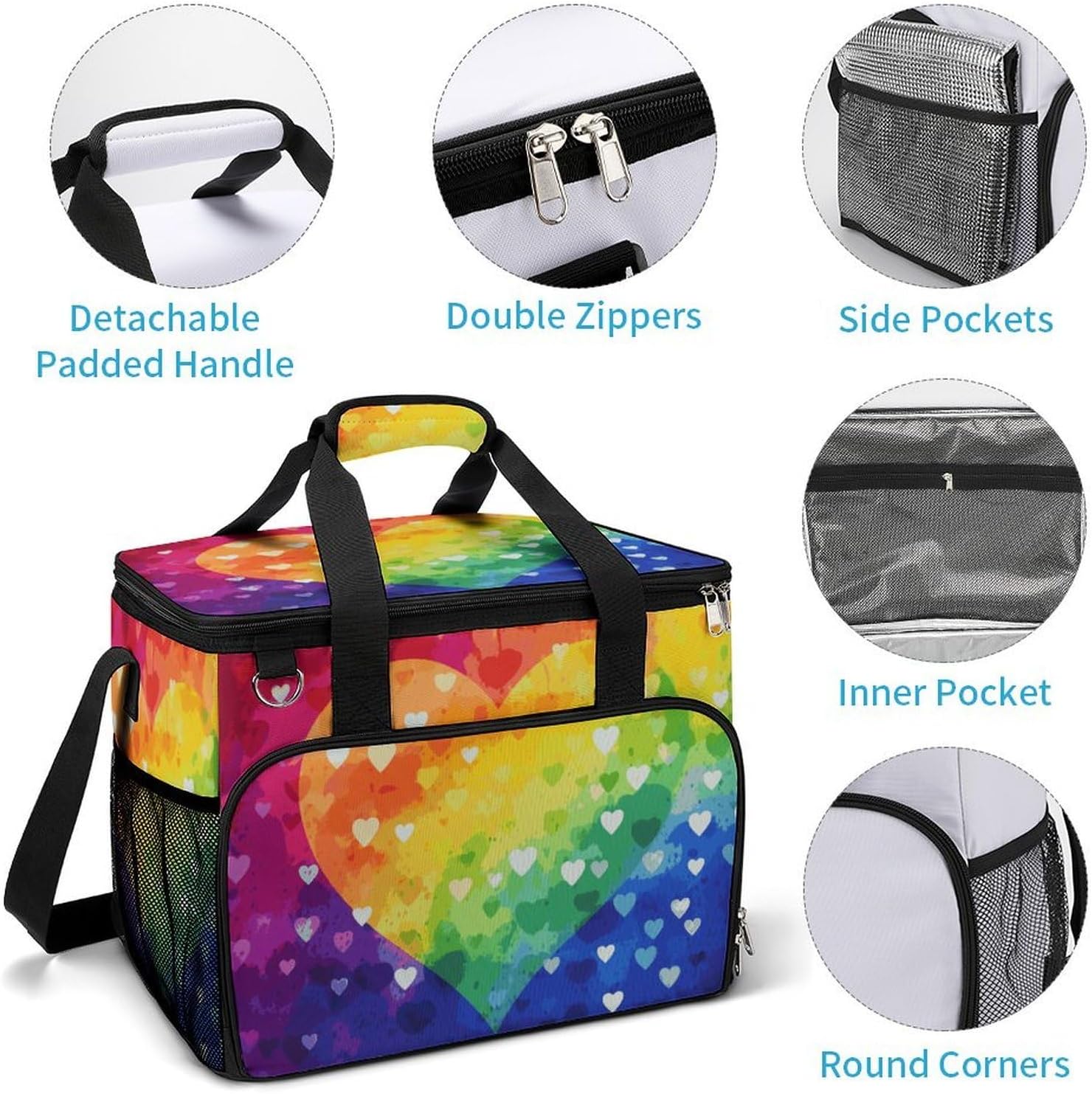 Insulated Picnic Backpack Tote Bag, Large Capacity 30L Colorful Rainbow Love Heart Cooler Bag Leakproof Beach Bags Portable Lunch Box Waterproof Picnic Basket for Beach Camping BBQ