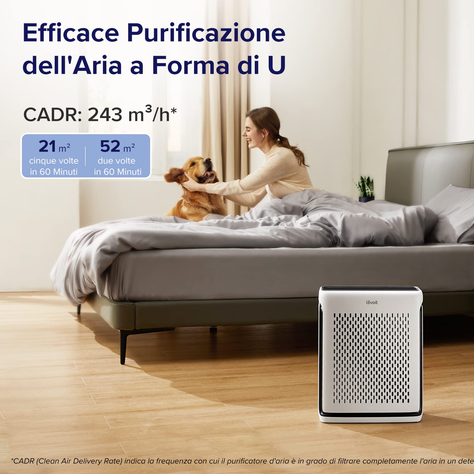 Levoit Purificatore d'Aria con Modalità Animale tramite App, CADR 240 m³/h | Sensore di Luce e Polvere, 52㎡, Filtro HEPA, Controllo Intelligente, contro 99,97% Allergie Polline Peli di Animali e Odori
