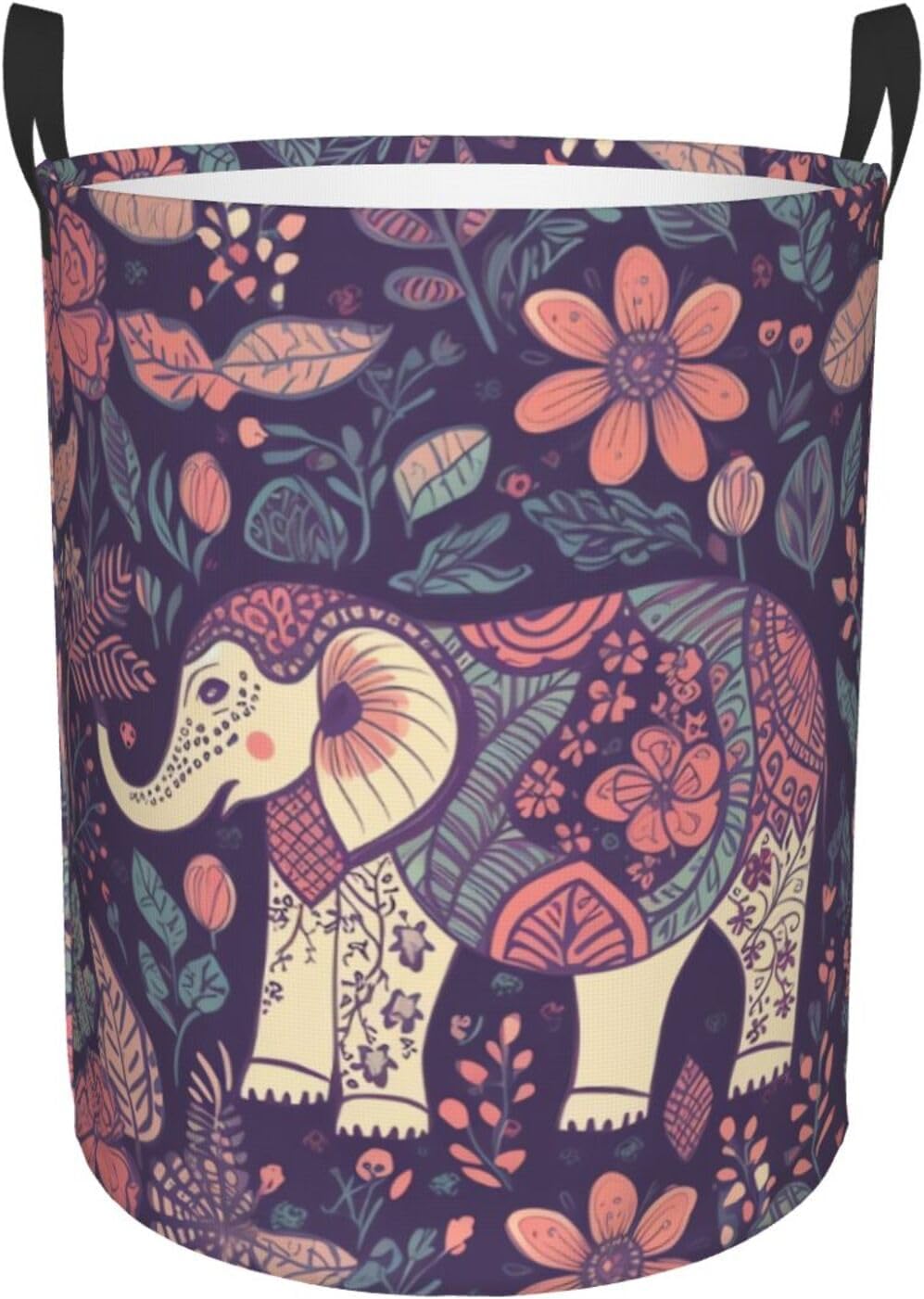 Flower-elephant Laundry Basket With Handles, Foldable Laundry Hamper Oxford Cloth Dirty Clothes Basket Waterproof Clothes Toys Storage Bin Organizer for Bedroom Bathroom Dorm