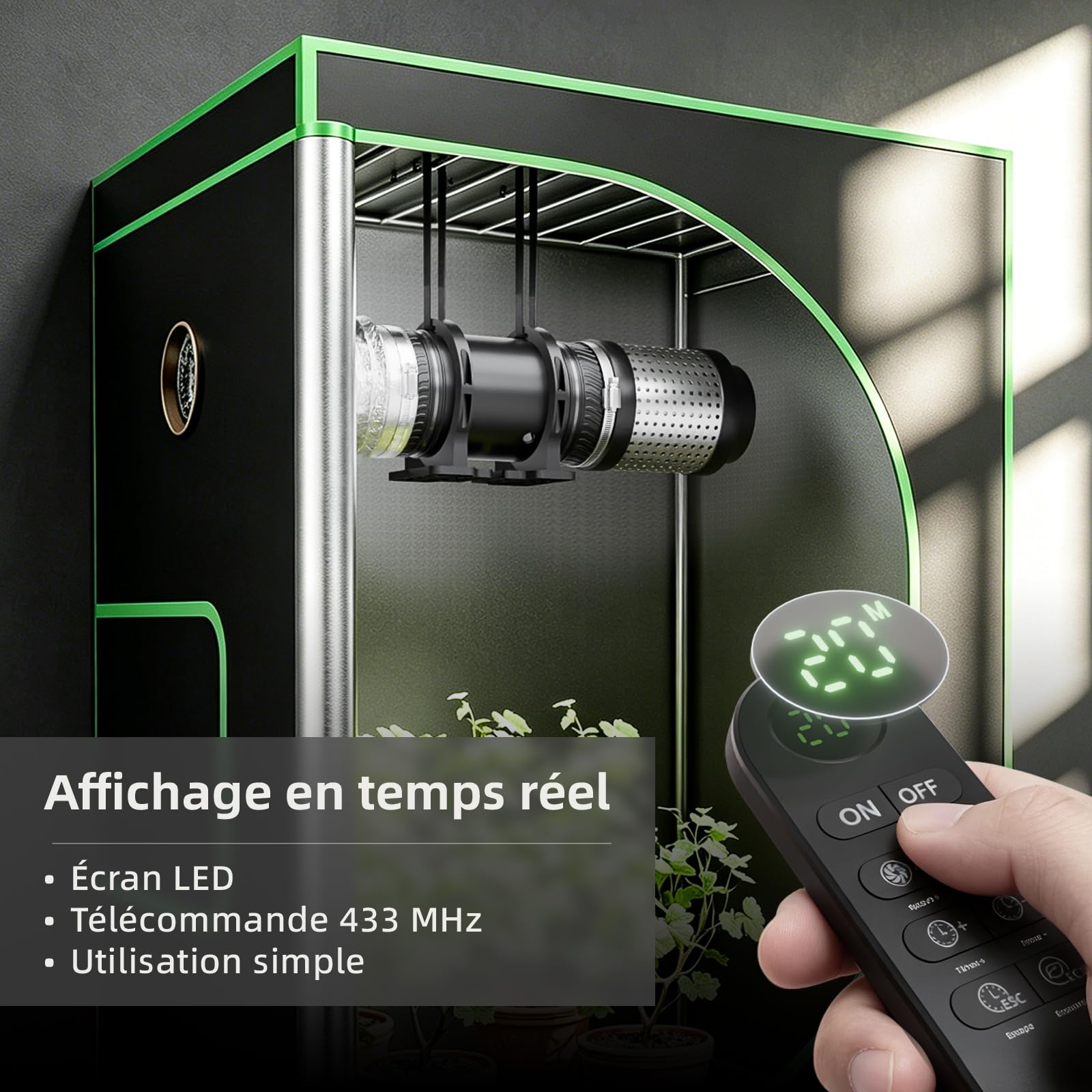 MOCINE Ventilateur de Conduit 100 mm avec Base de Montage, 8 Vitesses, Fonction Minuterie avec Télécommande à Écran, 310 m³/h, 5000 tr/min, Noir, Extracteur d’Air pour Garage, Salle de Bain et Serre