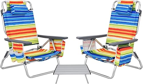 GYMAX Sillas de playa, mochila de camping con reposabrazos, bolsa refrigeradora, portavasos, barra de toalla y bolsillos laterales, silla de
