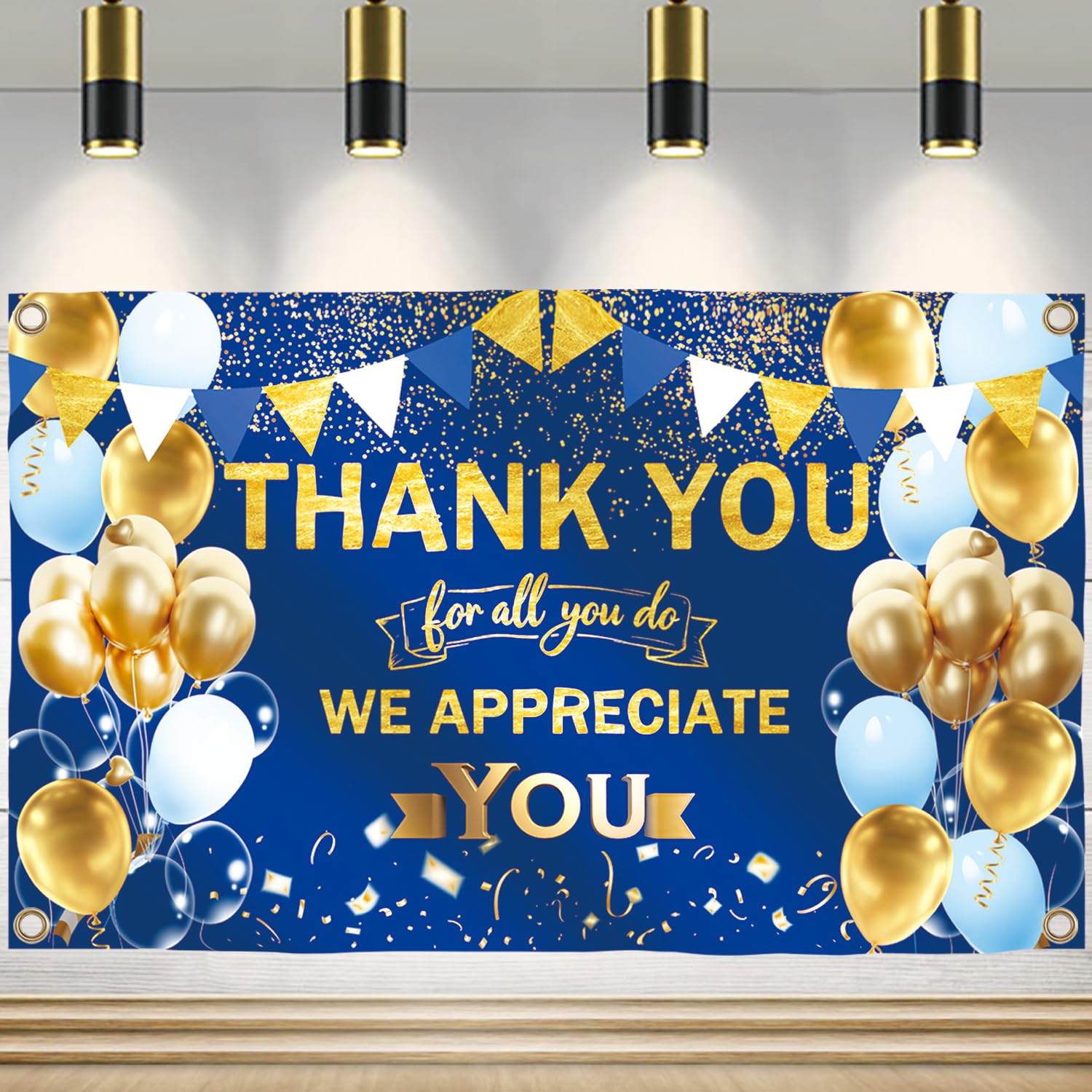 We Appreciate You Banner - Thank You for All You Do Backdrop (Blue Gold, 72x44 inches) - Appreciation Party Decorations for Teacher, Employee, Staff,