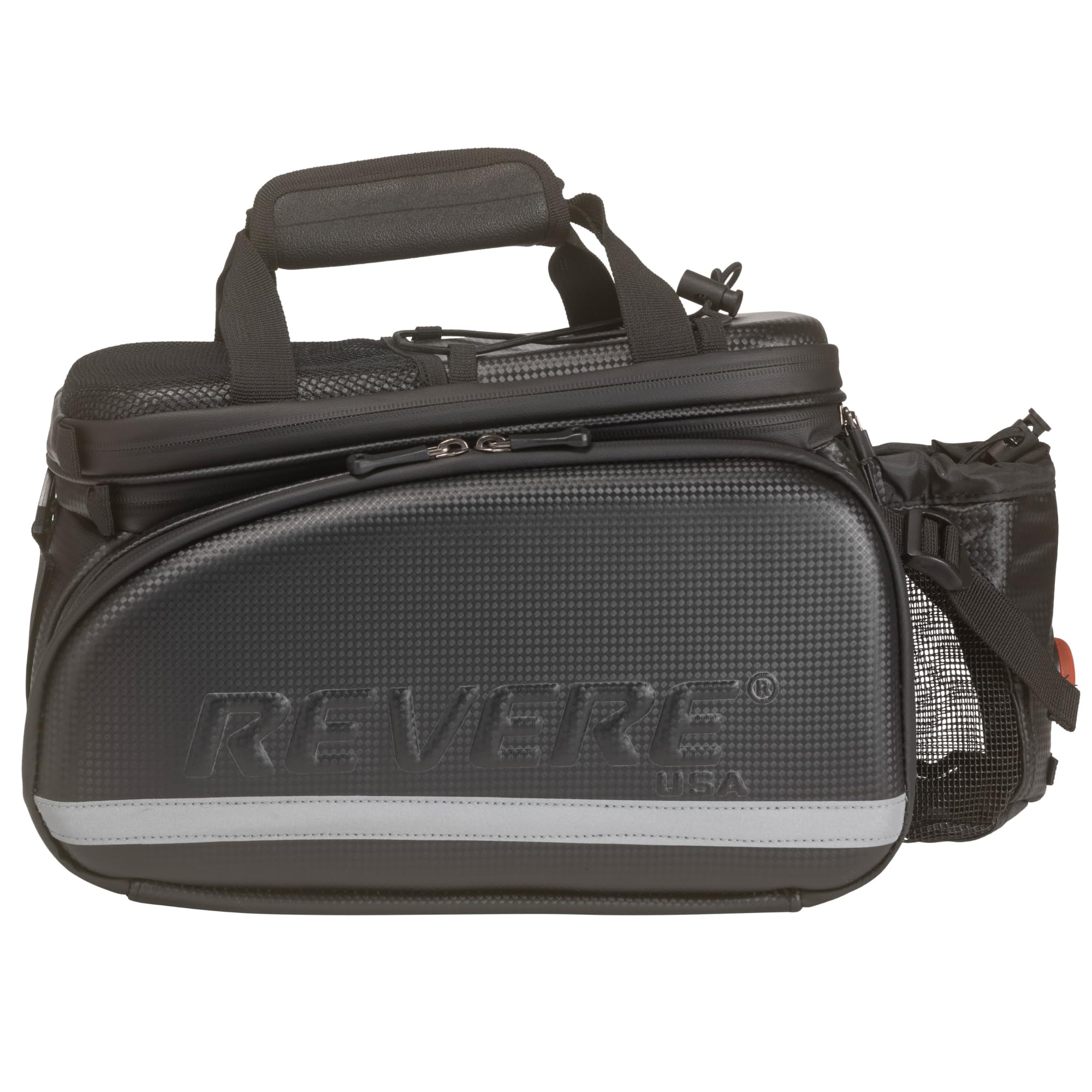 Revere Bicycles RTX-CF Super Large Capacity Waterproof Hardshell Composite Rear Trunk Bike/Ebike Bag, Expandable Side Panniers and Top. Includes Free Water Bottle & Safety Led Taillight