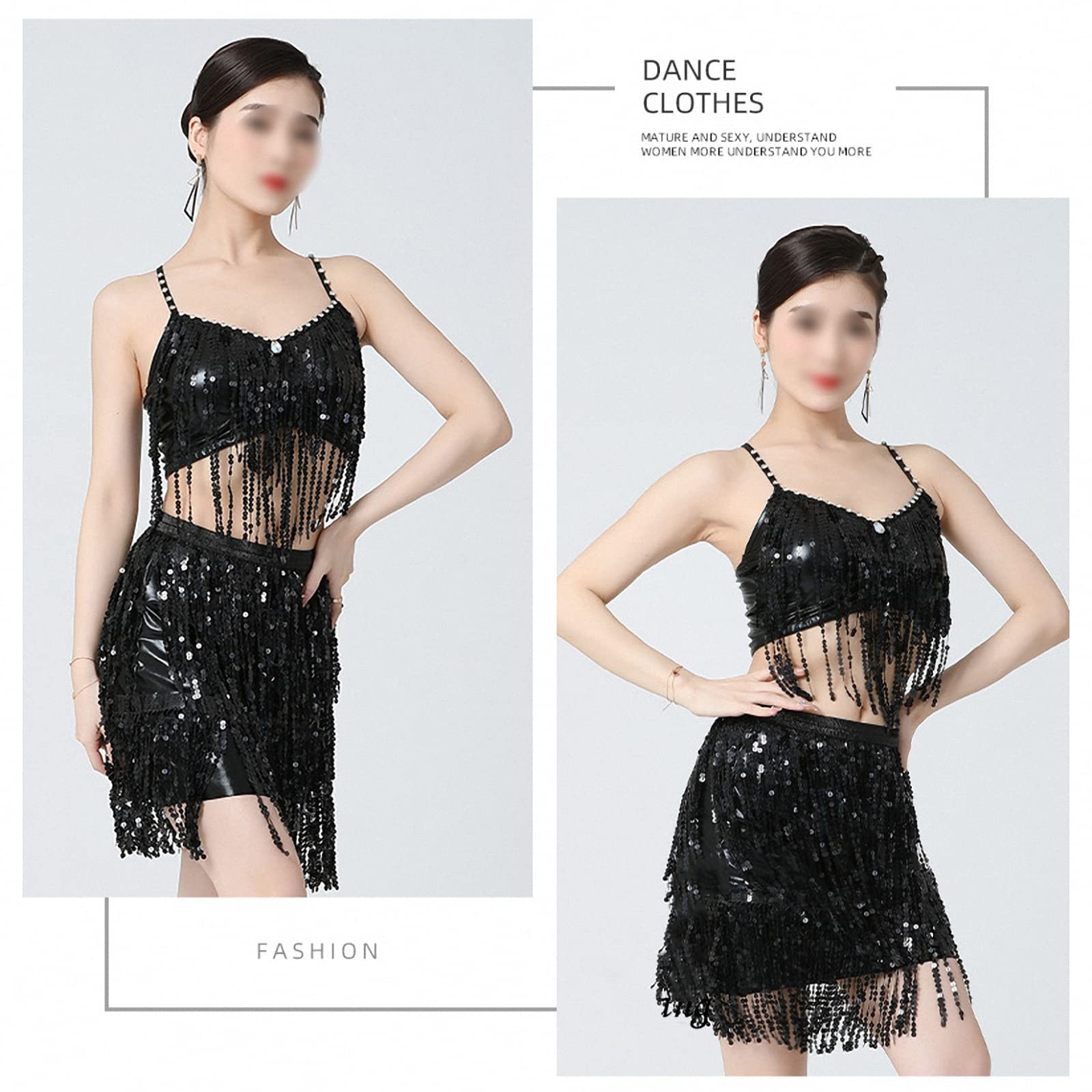 Top de Tirantes de Baile Latino con Flecos de Lentejuelas para Mujer con Almohadilla en el Pecho + Traje de Falda, Trajes de competición de Danza del Vientre/Pole Dance