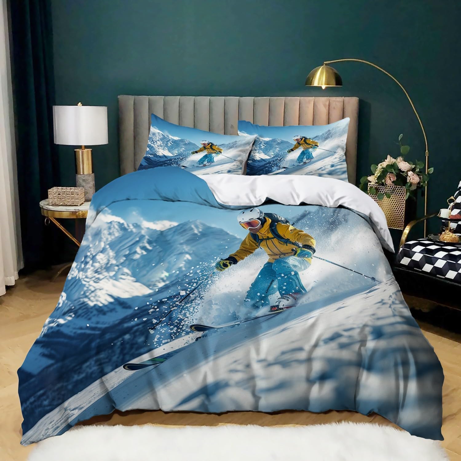 Poszwa na kołdrę 105 Narciarska Mikrofibra 3D Poszewka na kołdrę 200 x 220 cm Śnieżna Górska Krajobraz Lekka Oddychająca Pościel z zamkiem błyskawicznym i 2 poszewkami na poduszki b.3457