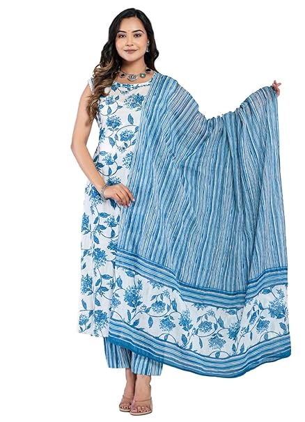 Amayra Women's Cotton Printed Straight Kurta with Palazzo Pants and Dupatta Set