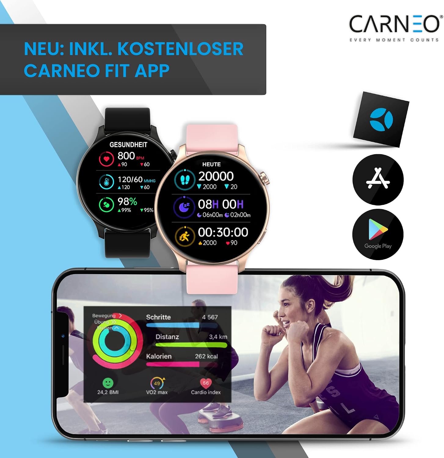 CarneoFit App interface showing health and activity data