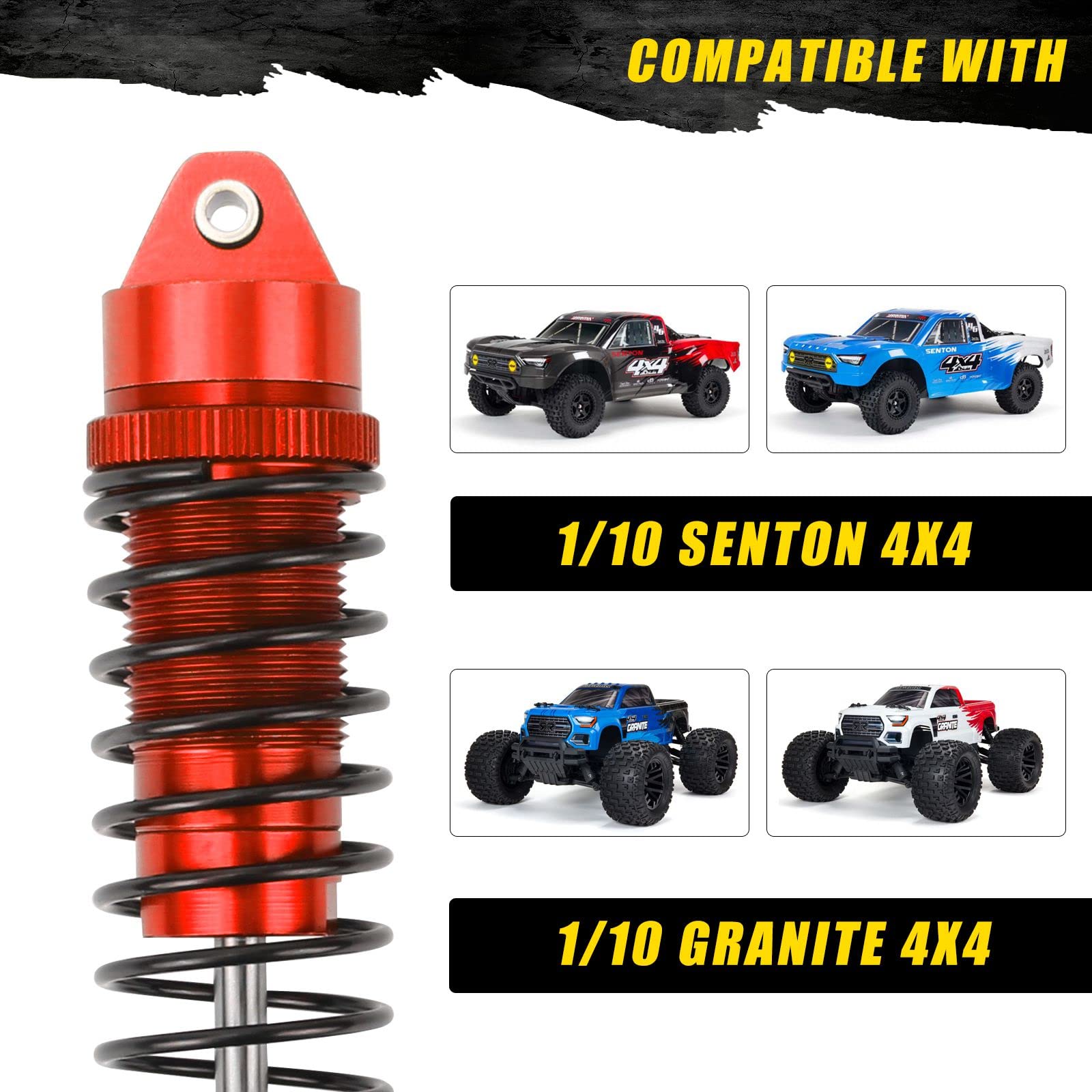 Rcawd RC Shocks Upgrade Parts for 1/10 Arrma Senton 4X4 Granite 4X4 Vorteks 4X4 Arrma Bigrock 4X4 Typhon 4X4 RC Truck,4PCS Full Aluminum Front Rear Big Bore Hops Up,Replace AR330550 AR330551 Red