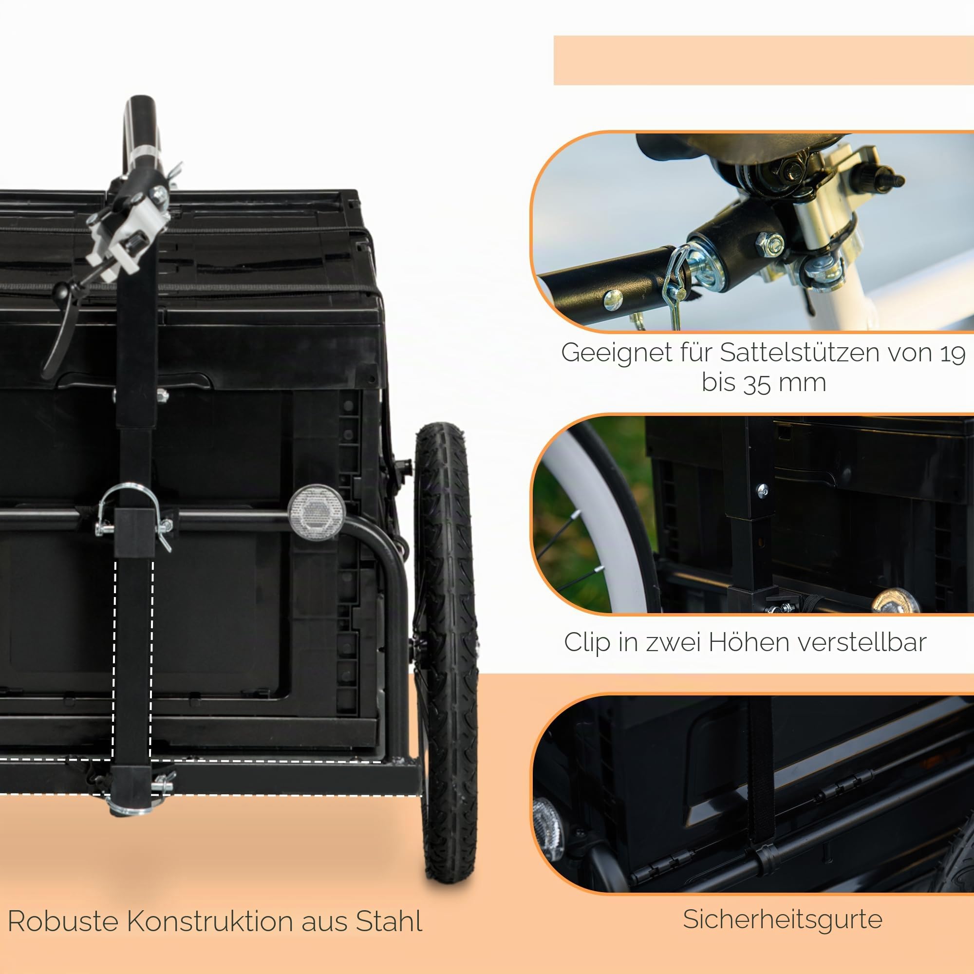HOMCOM Fahrradanhänger mit Aufbewahrungsbox, abnehmbar und faltbar, 65 l, Reifen und Sicherheitsreflektoren, maximale Belastung 40 kg