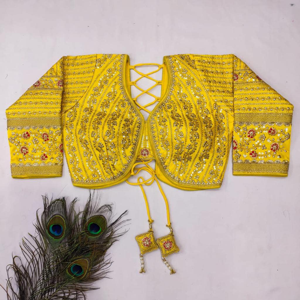 Pujia Mills Women's Heavy Embroidery Coding With Sequins Work 3/4Th Sleeves Fancy Readymade Saree Blouse(Missy Yellow_38)
