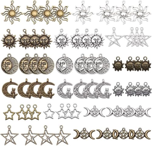 SUNNYCLUE 64 dijes de sol estilo tarot, luna y estrella, aleación a granel, estilo tibetano, media luna, triple luna, diosa para hacer joyas,
