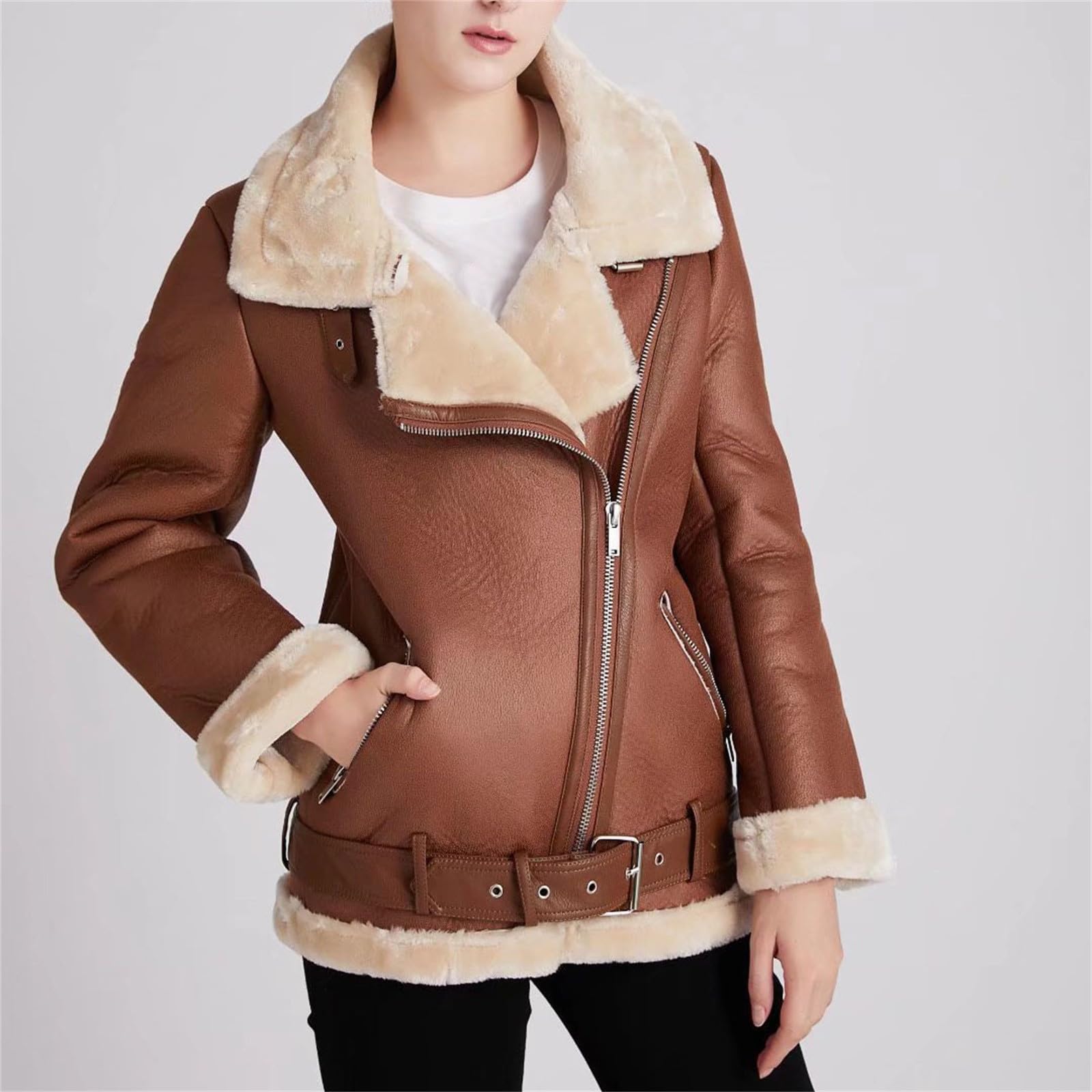 Bikerjacke Damen Leder - Winterjacke Damen Warm Gefüttert Fleece