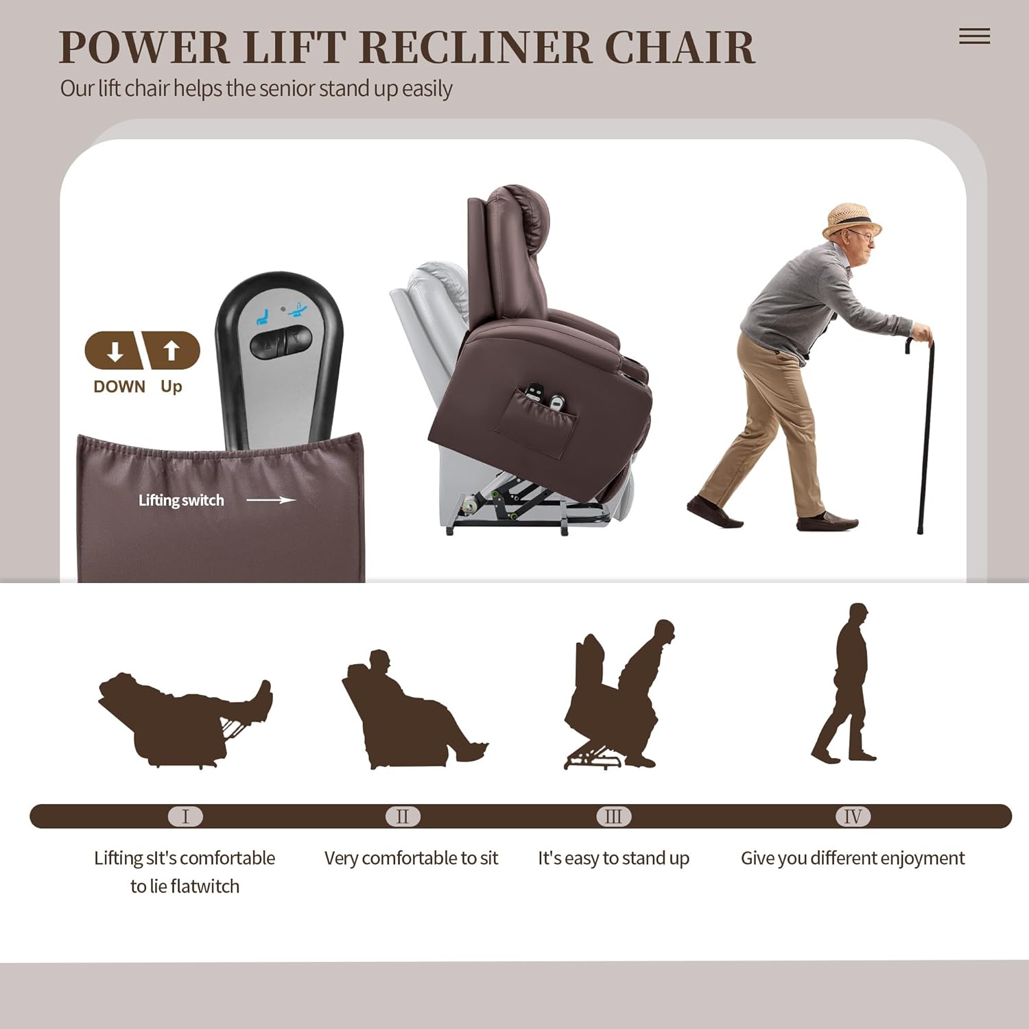 JUMMICO Power Lift Recliner Chair with Massage for Elderly PU Leather Modern Reclining Sofa Chair with Cup Holders, Remote Control, Adjustable Furniture (Brown) JUMMICO Power Lift Recliner Chair with Massage for Elderly PU Leather Modern Reclining Sofa Chair with Cup Holders, Remote Control, Adjustable Furniture (Brown)