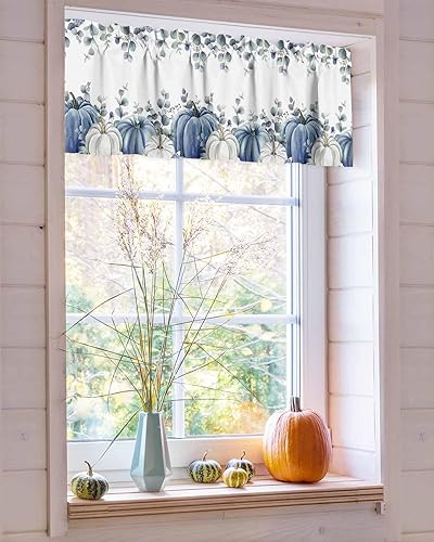 Miniatura 4 de Cenefa de cortina de cocina con calabazas blancas y azules, cenefas cortas de otoño, para sala de estar, dormitorio, baño, cafetería, decoración de