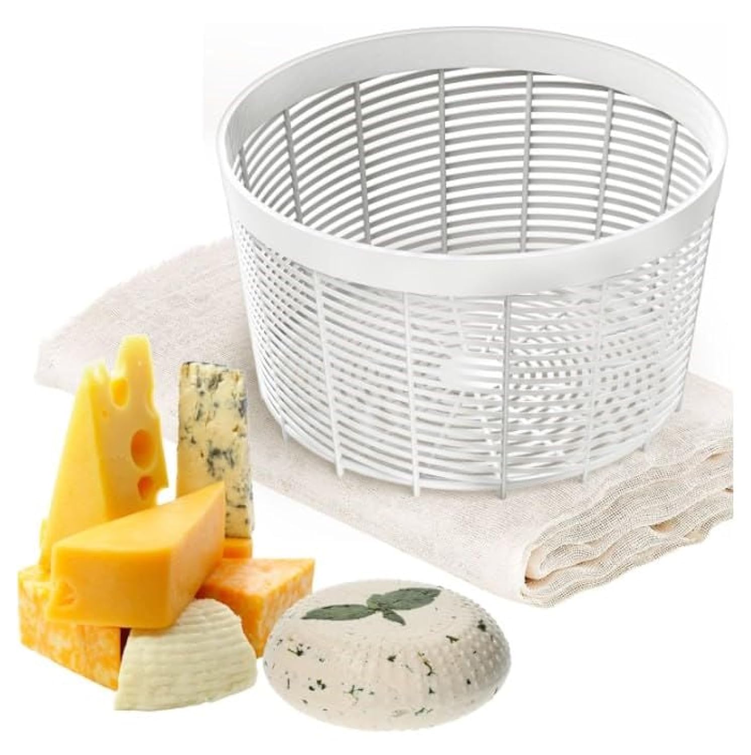 Cheese Making Semi Soft and Soft Cheese Mold with a Cheesecloth for 0,5 GAL - Homemade Cheese Making Supplies - Molde Para Queso Fresco Casero - Feta Ricotta Brie Cream Form - Сheese Basket Molds