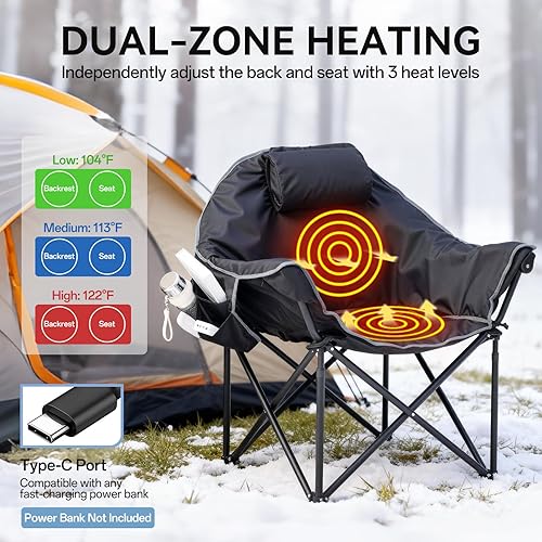 Miniatura 3 de Silla de campamento con calefacción de gran tamaño, silla plegable con calefacción para el respaldo y el asiento, soporte resistente de 400 libras,