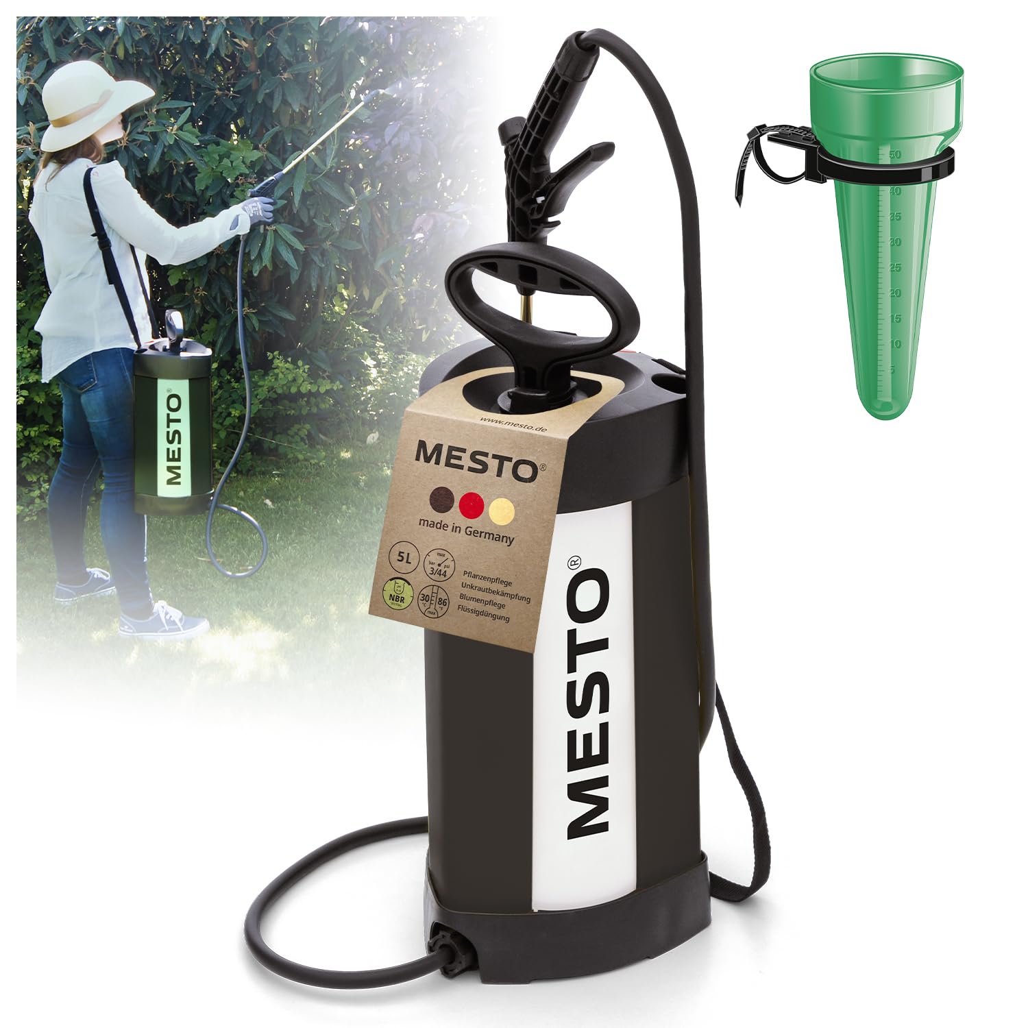 MESTO PICO Black Edition Drucksprühgerät 5L Set inkl. MESTO Regenmesser | Drucksprüher 3 Bar | Drucksprühflasche Haus & Garten | Pumpsprühflasche für Pflanzen | Unkrautvernichter & Pflanzenschutz