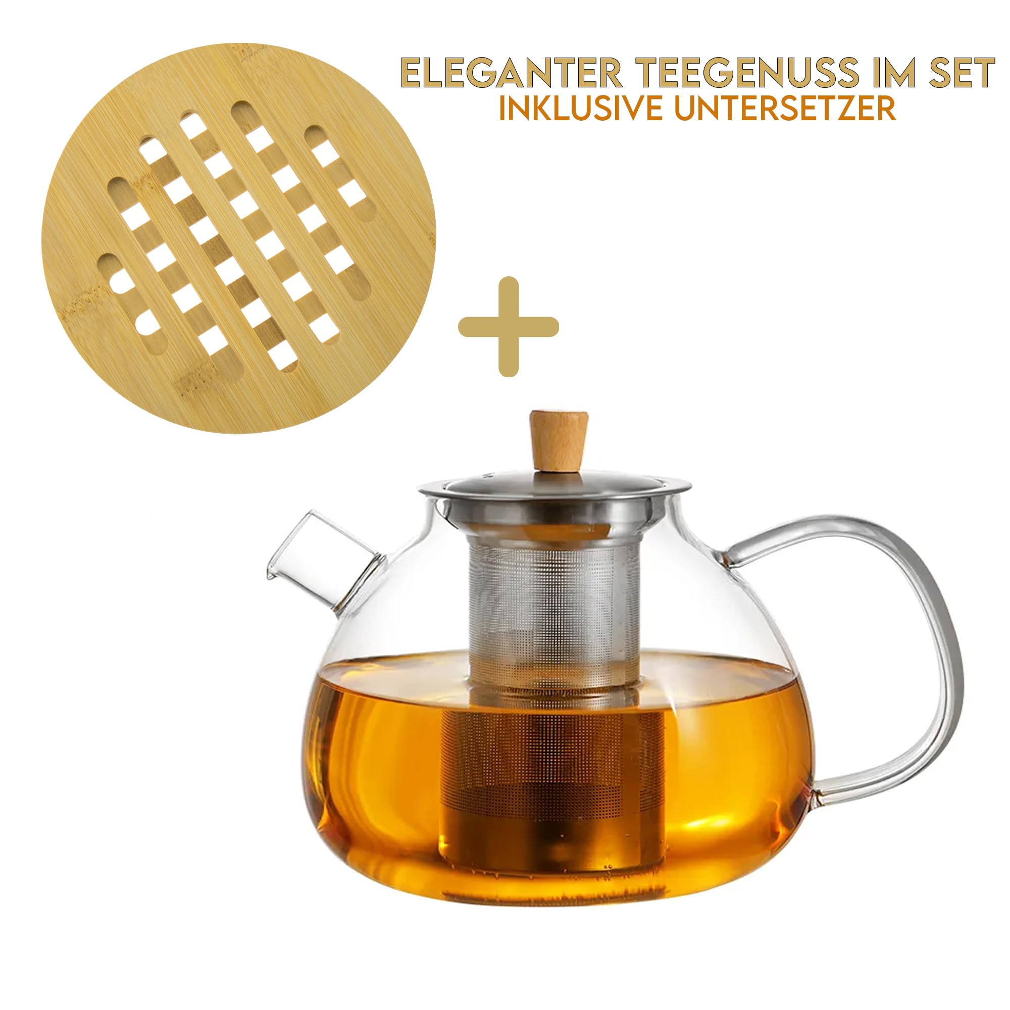 Teekanne aus Glas mit Edelstahl-Sieb Unterteller Dobin – 1,5 Liter – Borosilikatglas & Bambus Unterteller – Tropffrei, Hitzebeständig, Spülmaschinenfest (Teekanne)