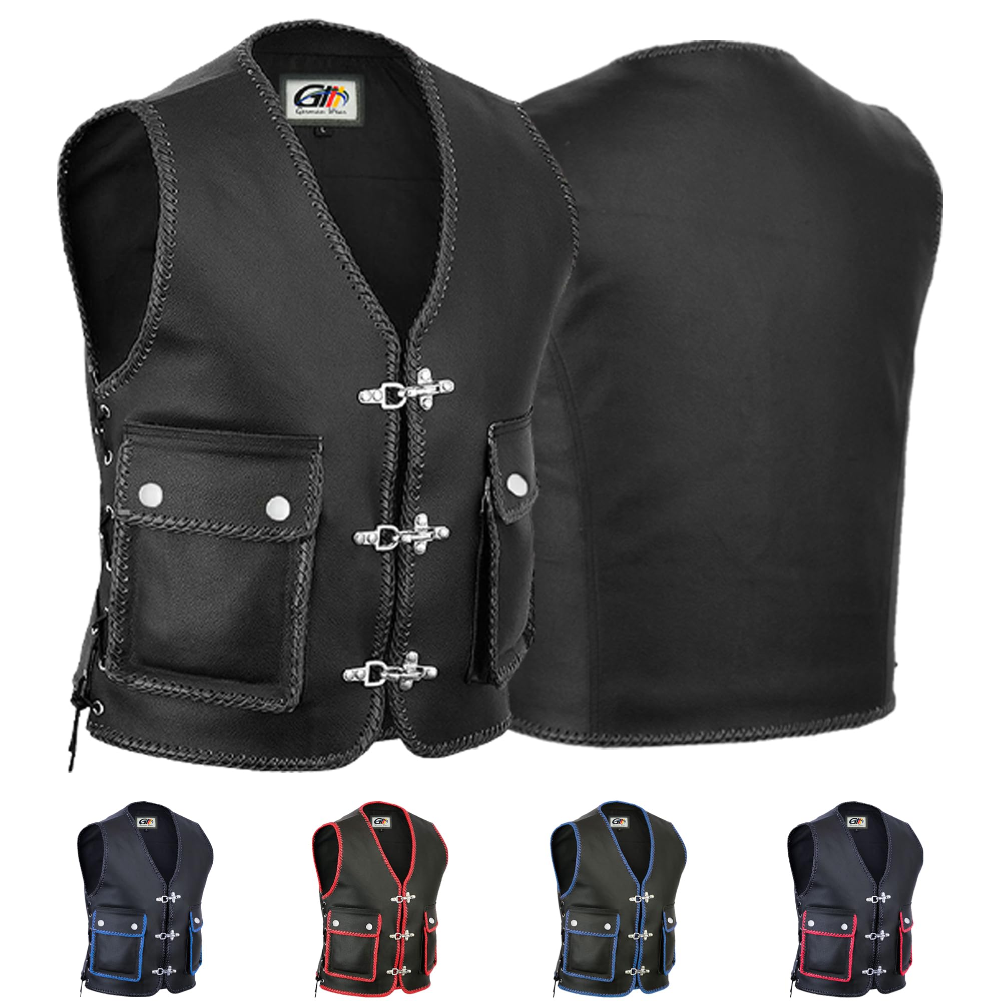 German Wear Lederweste Herren Motorrad Leder Kutte Karabiner Bikerweste Motorradweste geflochten