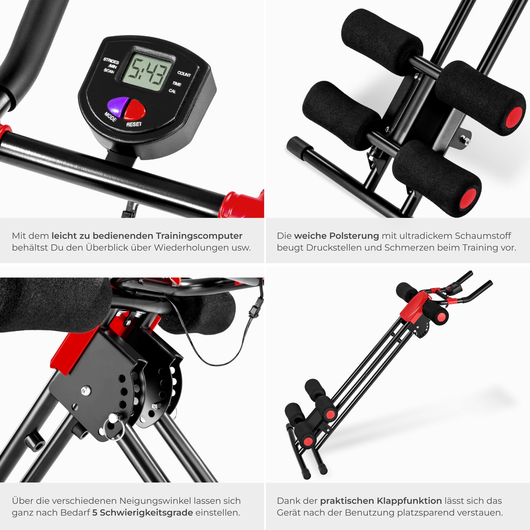 tectake® 5-fach verstellbarer Bauchtrainer Rückentrainer, Bauchmuskeltrainer, AB Trainer mit Trainingscomputer, faltbarer Home Trainer für Sport Zuhause, Krafttraining Zuhause, Home Workout