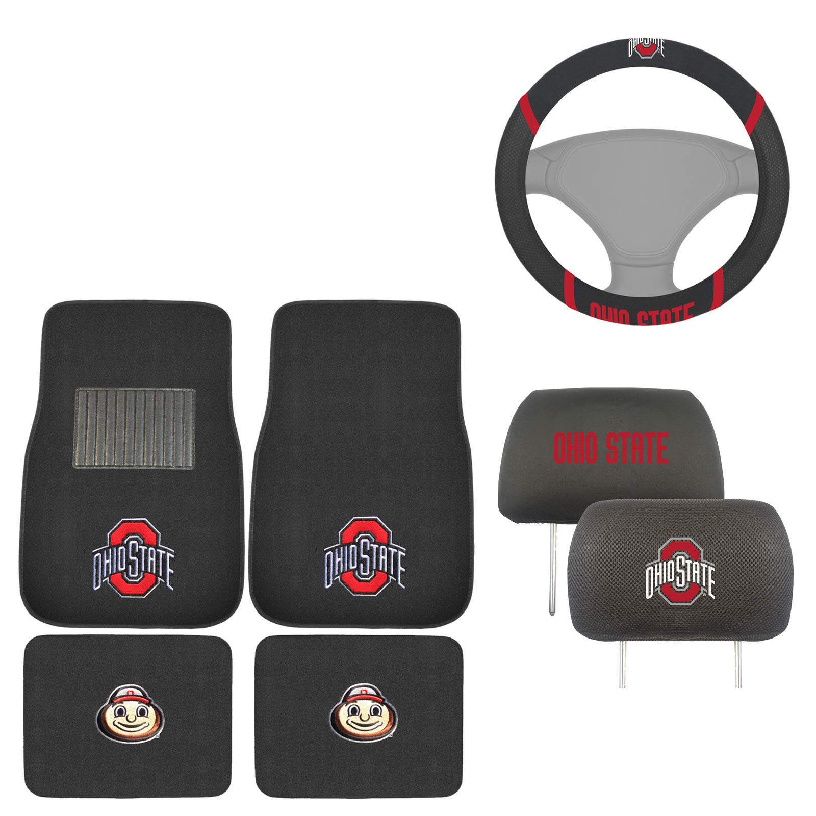 AAC FANMATS NCAA Mascot Carpet Floor Mats Bundle with Head Rests and Steering Wheel Cover for Ohio State Buckeyes Fans Officially Licensed(7 Items)