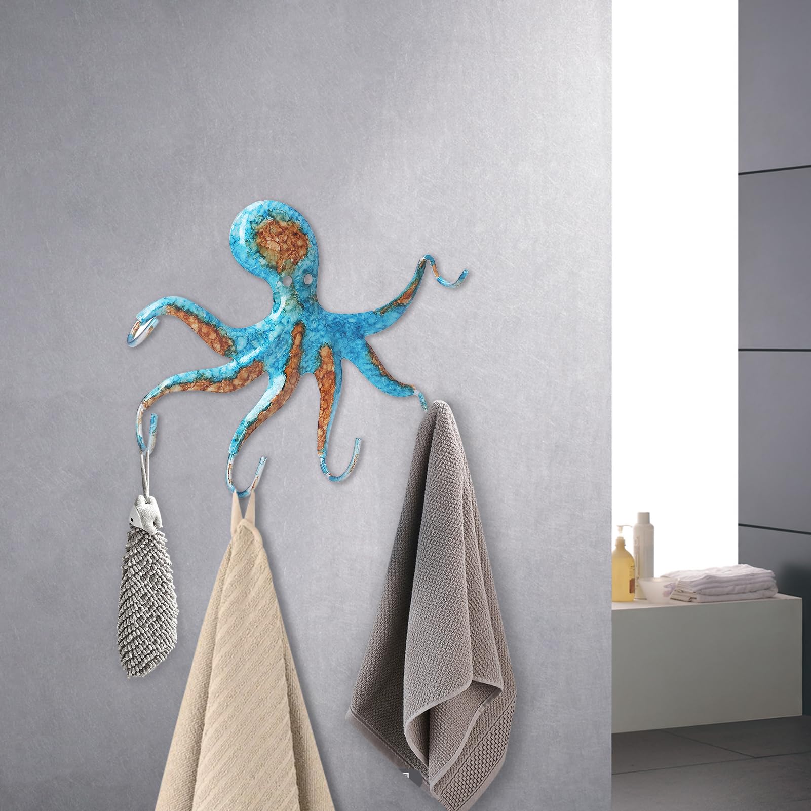 Appendiabiti da parete Octopus Ganci da parete Octopus in ghisa a forma unica Ganci per chiavi Octopus salvaspazio a parete per cappotto, asciugamano, accappatoio, giacca