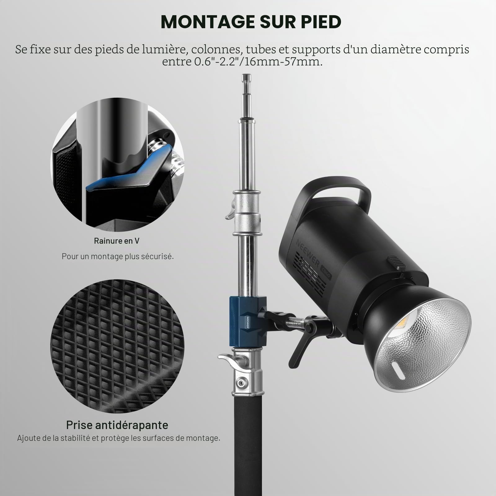 NEEWER 2" Griffe Étau en Acier avec Goujon de 5/8",Mâchoire Réglable en Aluminium, Coussinet en Caoutchouc de Support C,Anti-Torsion,Poignée Rotative pour Lumière Vidéo LED Softbox,UA015
