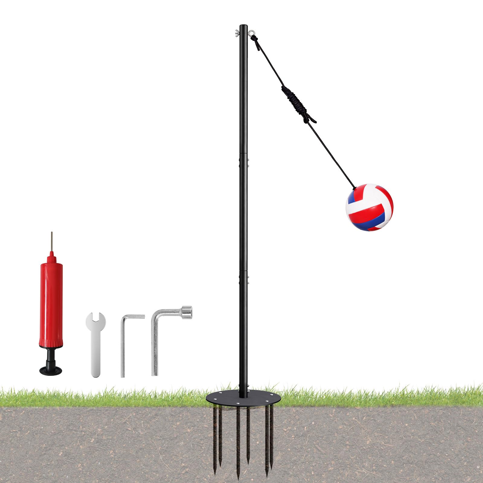 Arejonner Tetherball Set with Adjustable Pole (Up to 8ft), Integrated Built-in Rope Design Ball Professional Outdoor Game for Backyard, Lawn, Includes Ball, Rope, Pole & Base for Kids, Adults