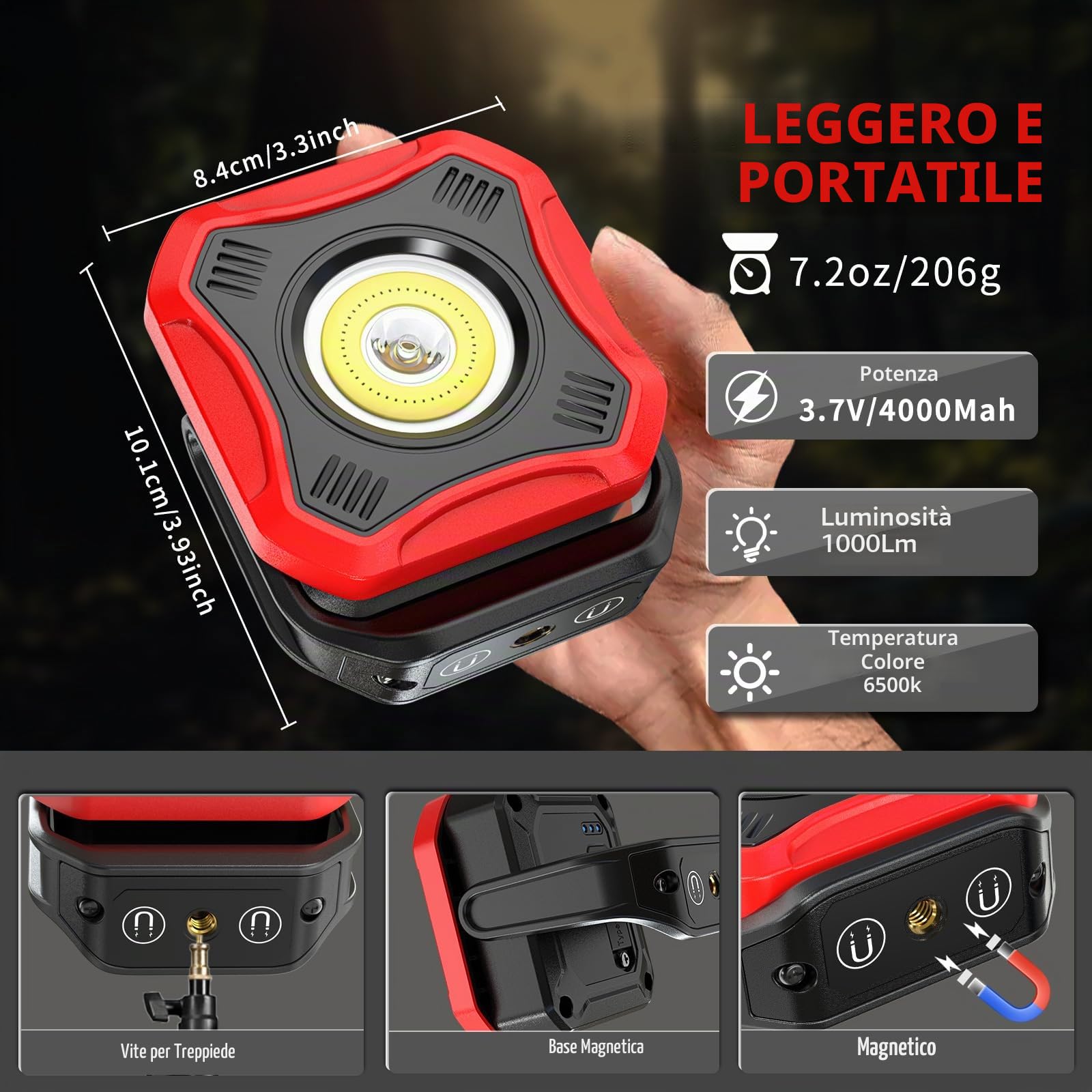 Lampada da lavoro a LED, 1000 lumen, super luminosa, lampada da officina, lampada a batteria, 4 modalità di illuminazione con base magnetica e rotazione di 180°, per garage, officina