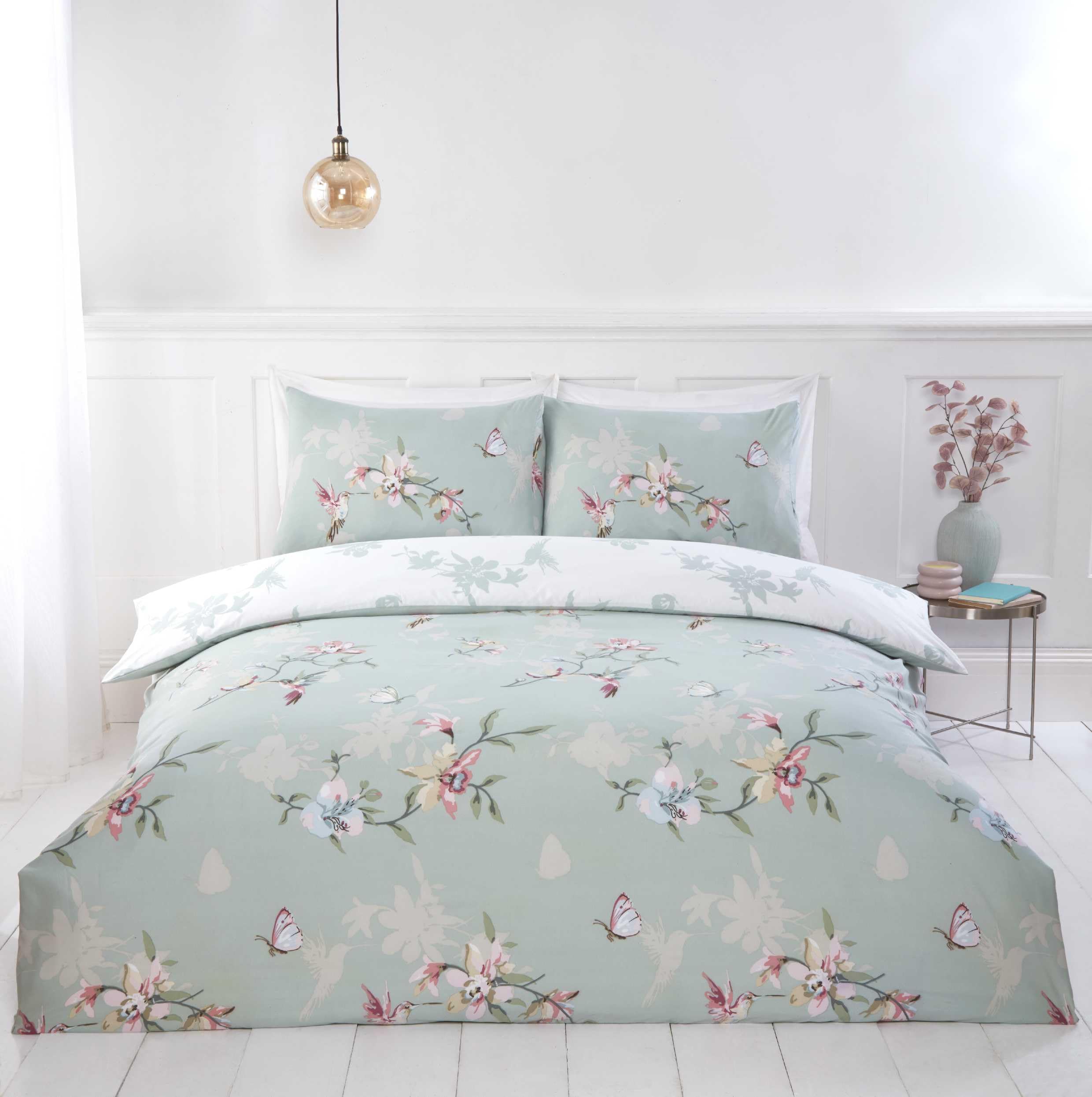 Rapport home Hummingbird Floral Green Single Duvet Cover Set - Soft Easy Care Polyester Bedding with Pillowcase