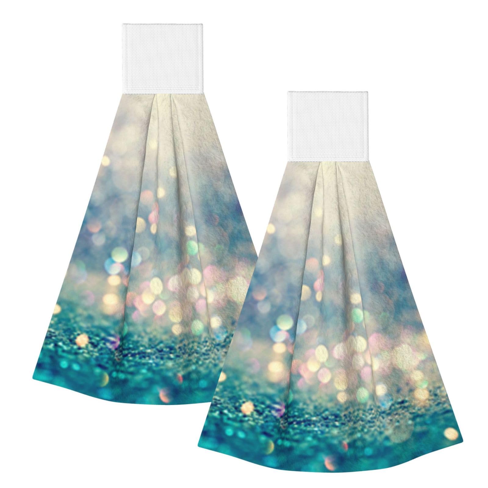 DOPKLNA Blue Golden Bokeh Glitter Polka Dots Glitter, 2 Pcs Hanging Coral Fiber Hand Towels for Bathroom, Absorbent Kitchen Towels