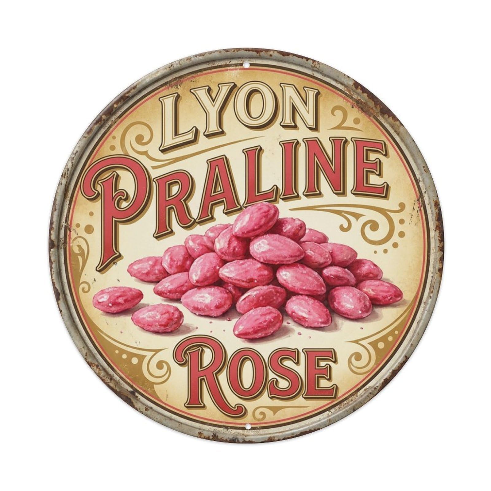 Pink Praline Sweets Lyon France French Confection Metal Tin Sign