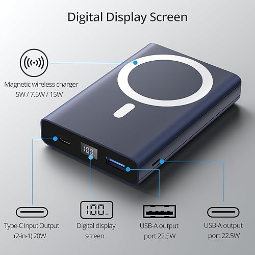 Miniatura 3 de LULULOOK Paquete de baterías, banco de energía portátil de 10000 mAh, cargador rápido de 22.5 W, cargador inalámbrico Magentic para iPhone