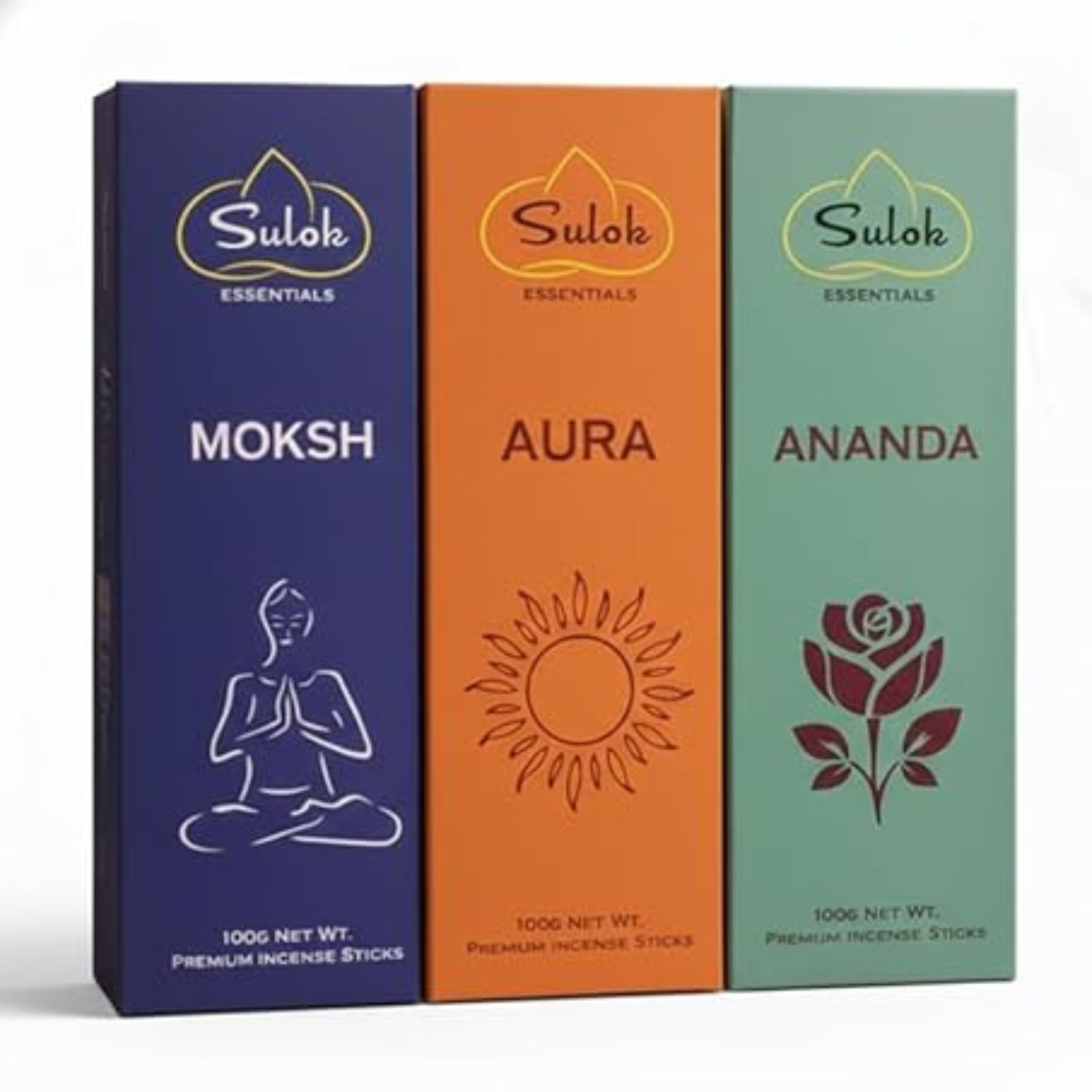 Premium Incense Sticks Combo Pack, 3 Fragrances (Moksh, Aura, Ananda), 100g Each, Long-Lasting Agarbatti for Pooja and Meditation