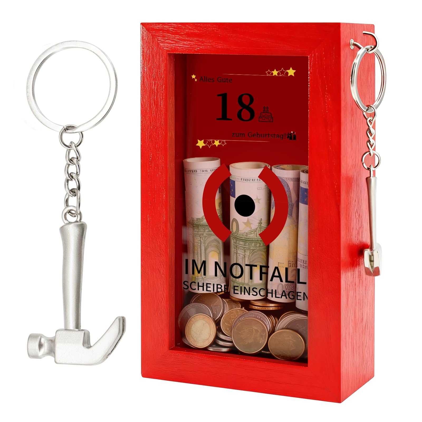 lafo Notfallbox mit Hammer Personalisierte Geschenkbox für Geldgeschenke,Geschenk,Lustige Holzkiste für Euro Scheine Süßigkeiten Kreatives DIY Geschenk für Geburtstag, Hochzeit, Jubiläum (18 Jahre)