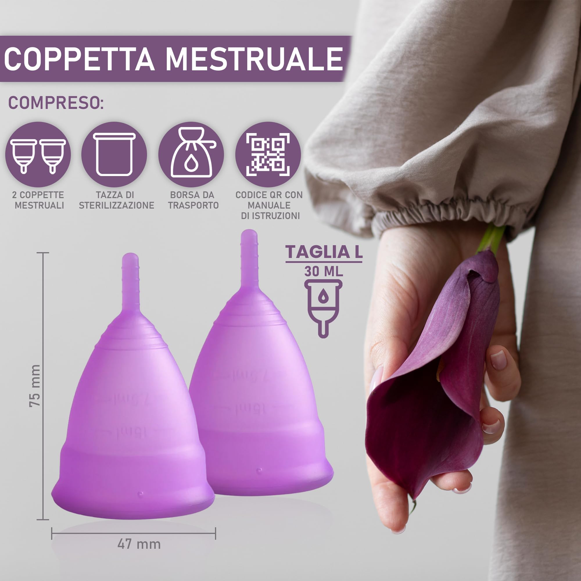 Kubek menstruacyjny – 2 filiżanki menstruacyjne w rozmiarach L, sterylizator i bawełniana torba do noszenia – 100% miękki silikon medyczny, nadaje się do prania i wielokrotnego użytku
