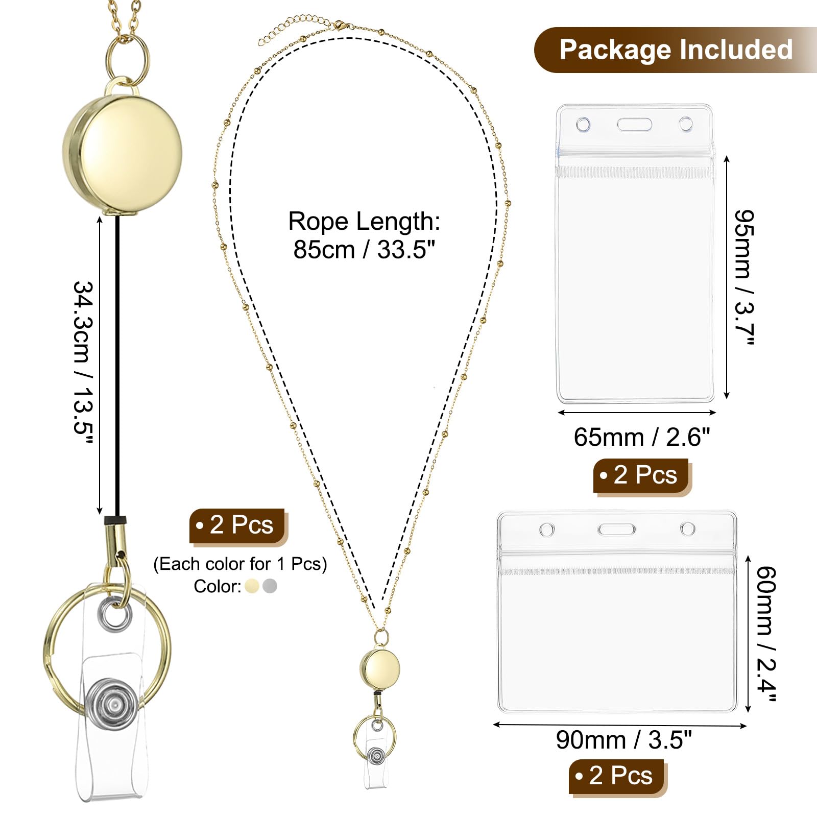 PATIKIL Badge Necklace Lanyard with ID Holder,2 Pcs 304 Stainless Steel Retractable Round Badge Reel Lanyard Clip Chain with 2 Set ID Holder for Woman Office ID Card Key,Black/Gold Tone - Image 2
