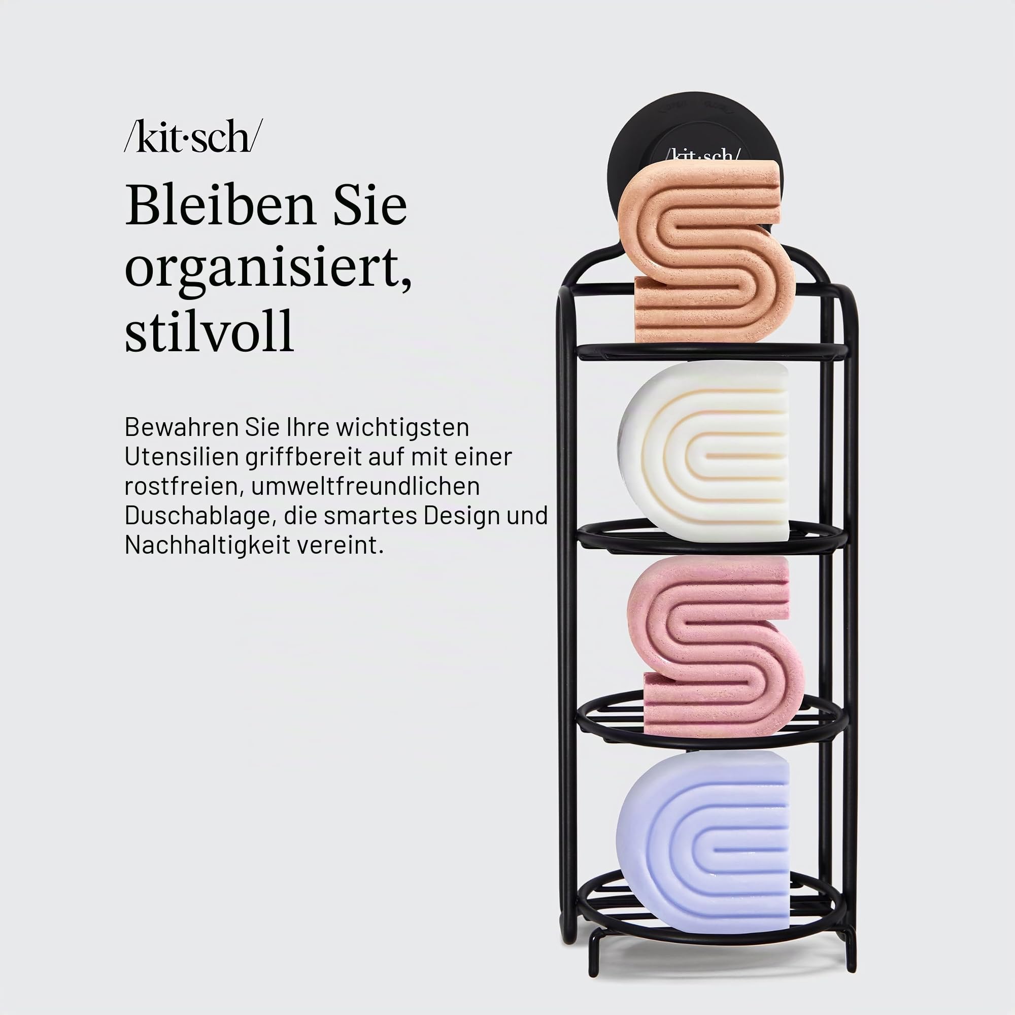 Kitsch Selbstentleerender Duschkorb – Badezimmer-Dusch-Organizer mit Saugnapf | Rostfreies Duschregal & Bar-Seifenhalter für Dusche | Seifenschale für Dusche | Bar-Seifenhalter für Dusche (schwarz)
