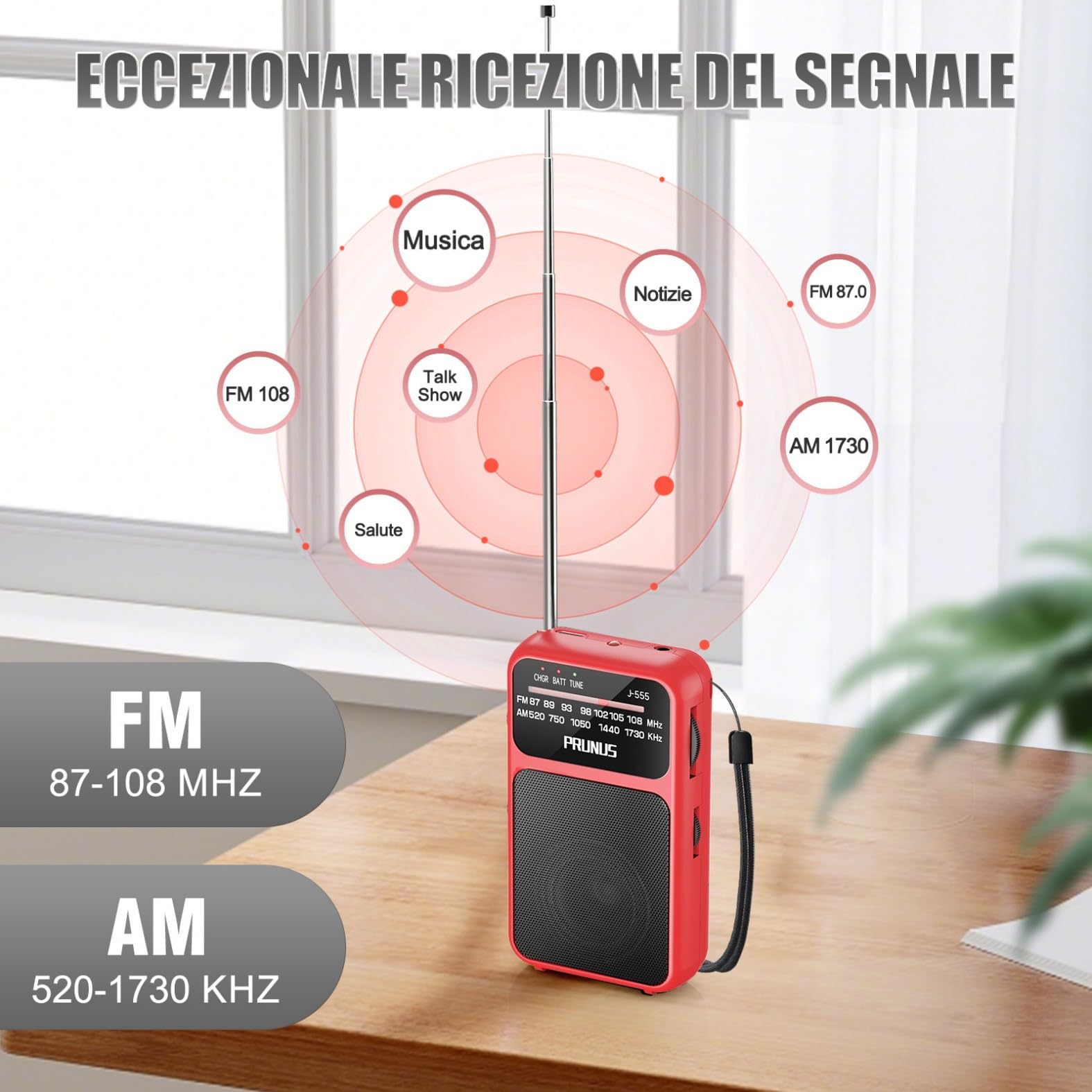 PRUNUS J-555 Radio Portatile Ricaricabile FM/AM con Batterie AAA, Jack, Clip Posteriore Rosso