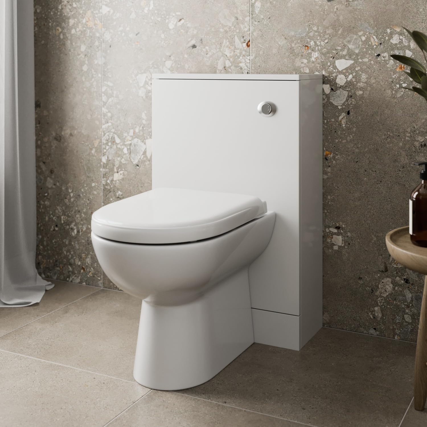 Baystone Modern Bathroom Cloakroom Back to Wall BTW Toilet WC 500mm Furniture Unit D Shape Pan Soft Close Seat, Dual Flush Cistern, White Gloss