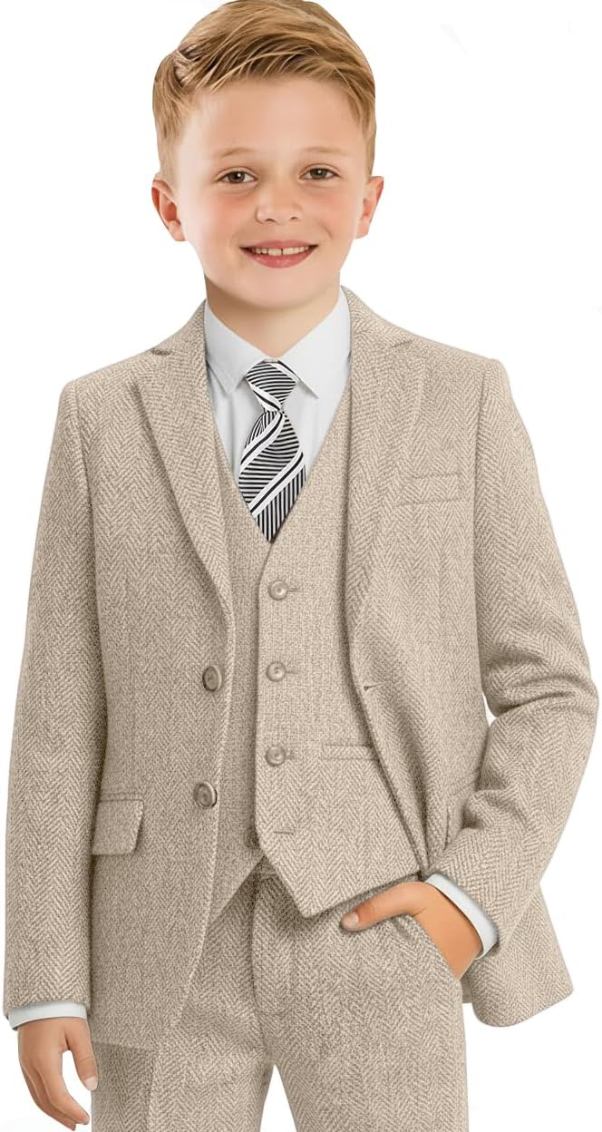 Tweed Boys Suit Retro Herringbone Tuxedo Suits 4 Pcs Dress Blazer Vest Pants Tie Set Wedding Party Outfit