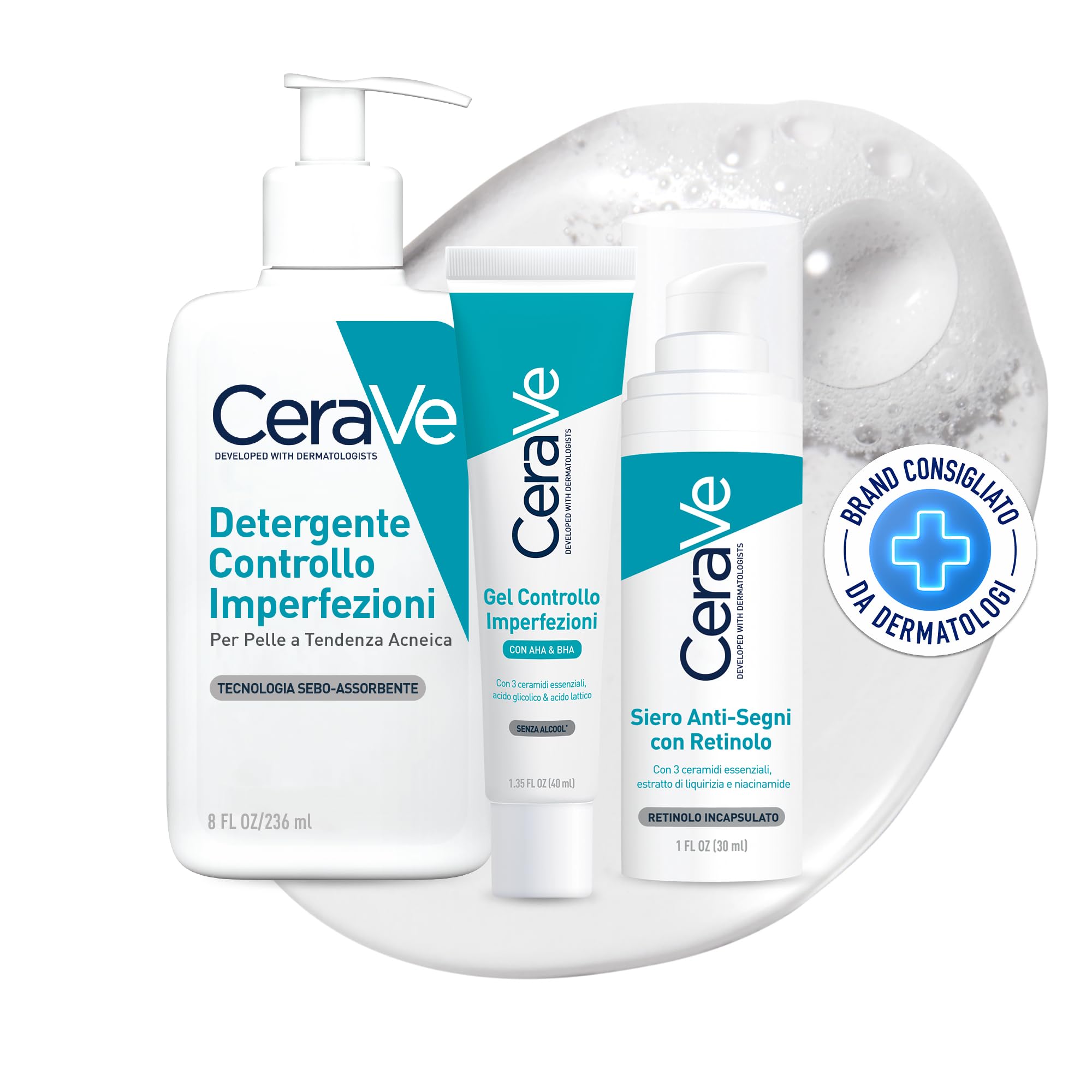 CeraVe Kit Skincare Per Pelli Segnate, Detergente Controllo Imperfezioni, Con 3 Ceramidi e Acido Salicilico, 236 ml + Gel Controllo Imperfezioni, 40 ml + Siero Anti-Segni con Retinolo, 30 ml