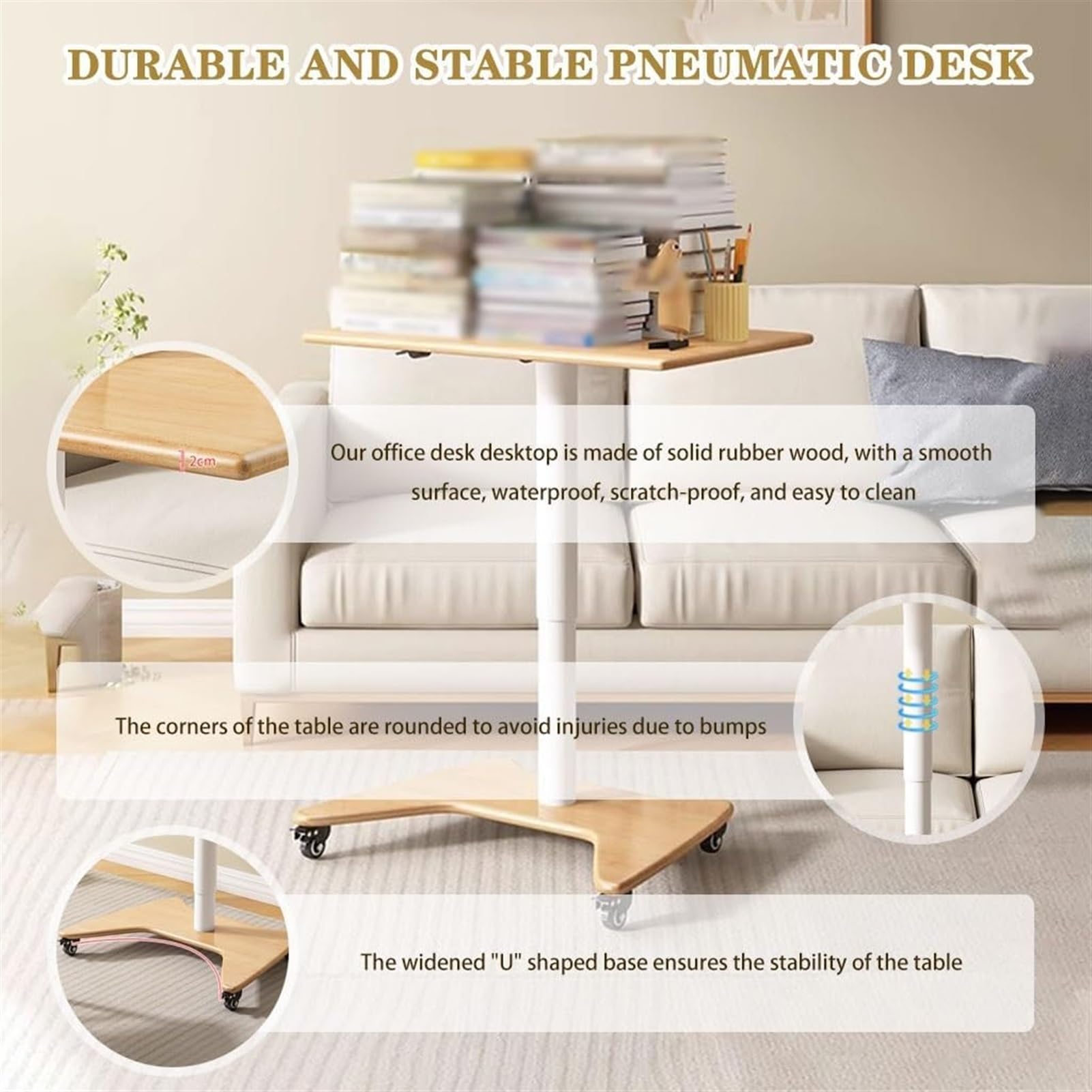 SDdPulse Scrivania mobile per computer portatile con ruote, stabile e portatile, tavolo con supporto pneumatico, tavolo da letto mobile per la casa, con solida base a forma di C, A