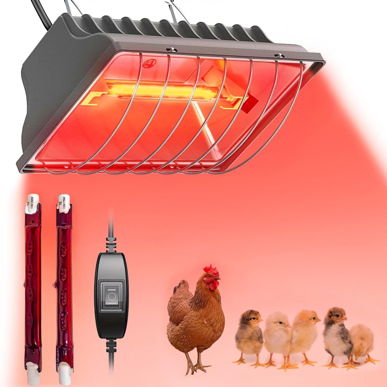 Lampe Chauffante pour Poussins, Chauffage pour Poulailler 250W, Lampe Chauffante pour Poulailler, Abat-jour pour Animaux avec Interrupteur Économique , Chauffe-couveuse Réglable en Hauteur