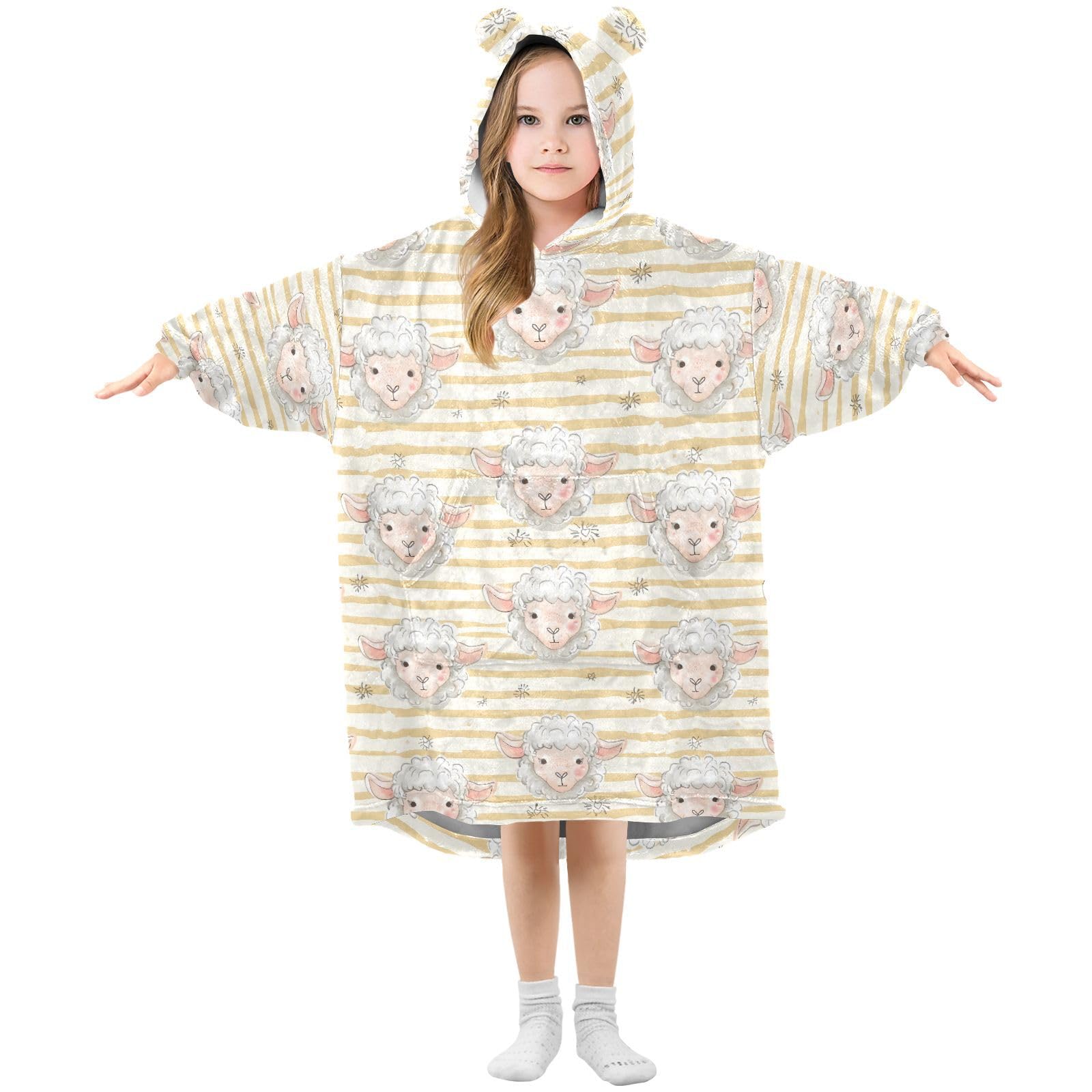 Oversized Blanket Hoodie for Kids Adult Girls Boys, Fleece Hoodie Blanket Cute Lamb Warm Plush Wearable Blanket Hoodie Sweatshirt with Roomy Pocket, Small