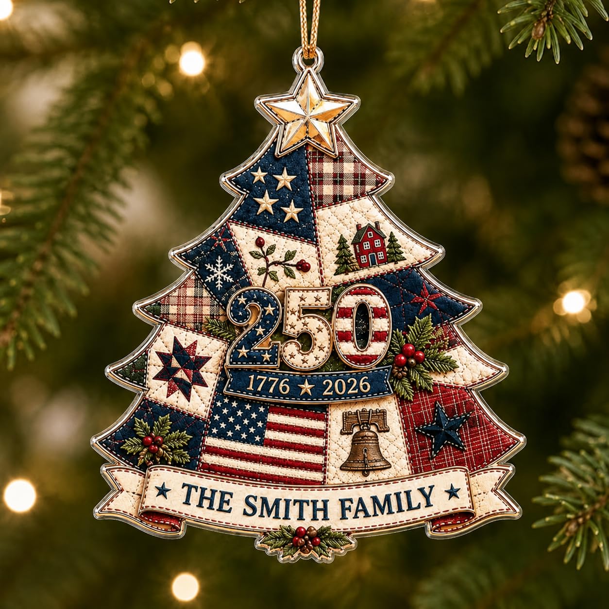 [Made in USA] Personalized 250th Anniversary USA Flat Acrylic Christmas Ornament, Custom Family Name Patriotic Patchwork Tree Ornament, 1776-2026 250 Years of Freedom Holiday Keepsake Gift