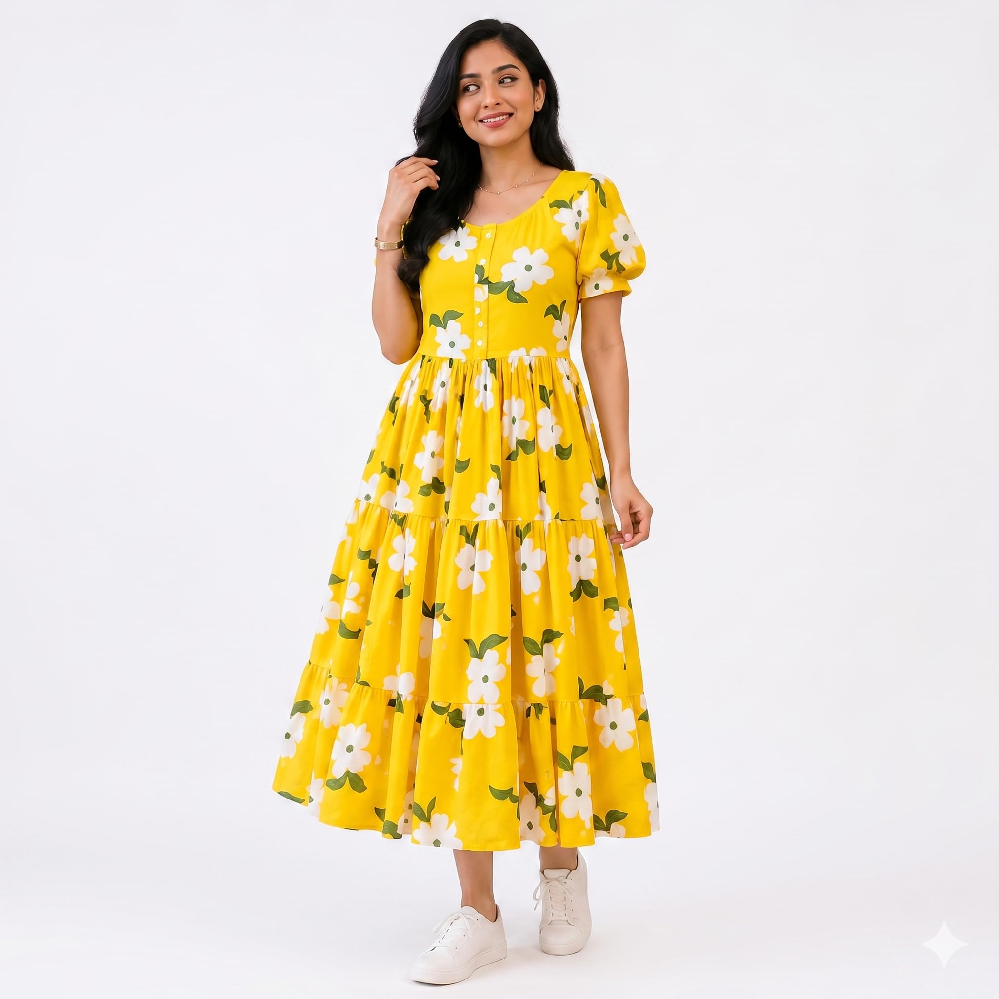 Women's Floral Printed Rayon Tiered Midi Dress | Summer Comfortable Yellow Flare Kurti Lightweight Use Summer Outfit for Girls & Women-image-26